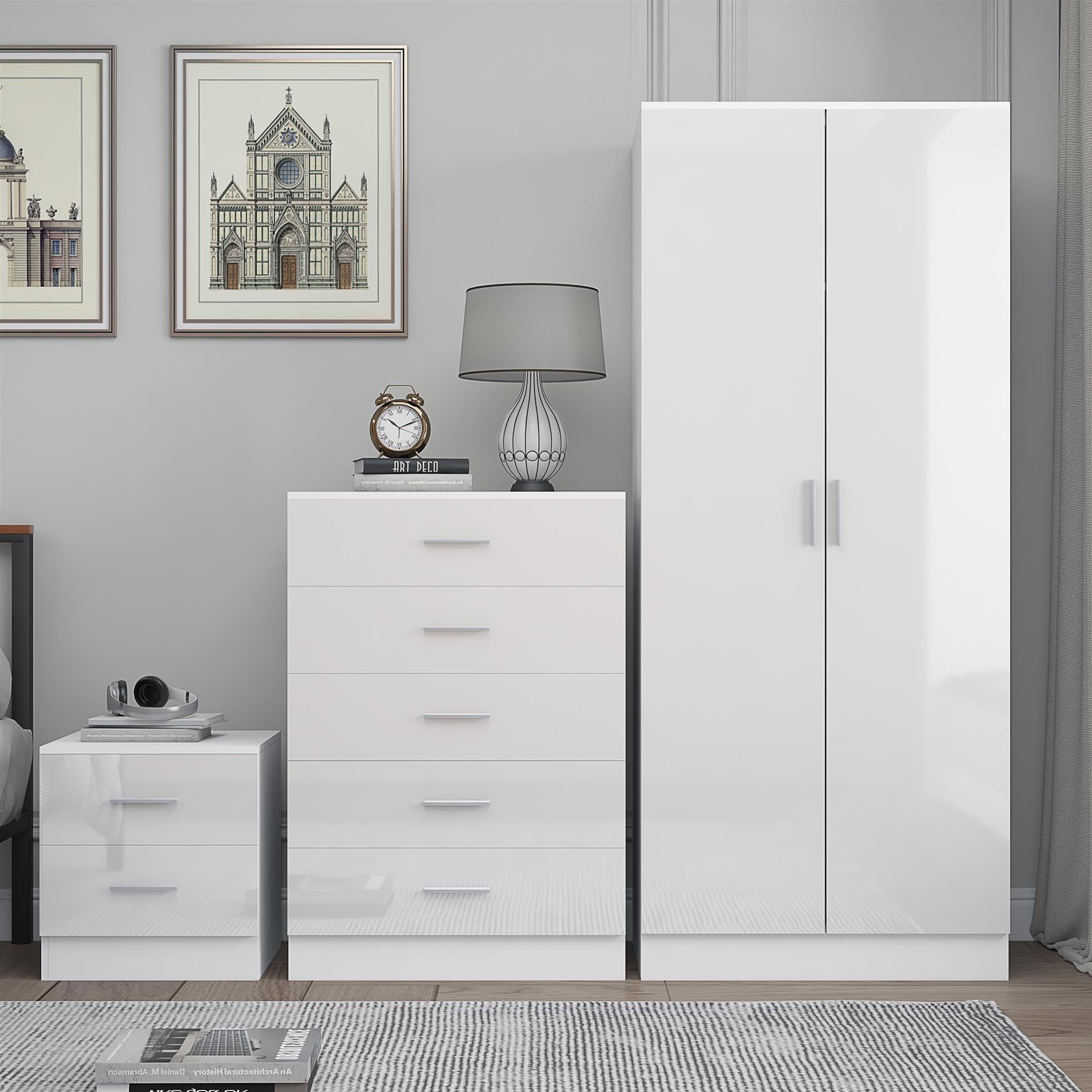 Reflect 2 Door Plain Wardrobe, 5 Drawer Chest, 2 Drawer Bedside - White Gloss & Matt White - Modern Bedroom Furniture Set