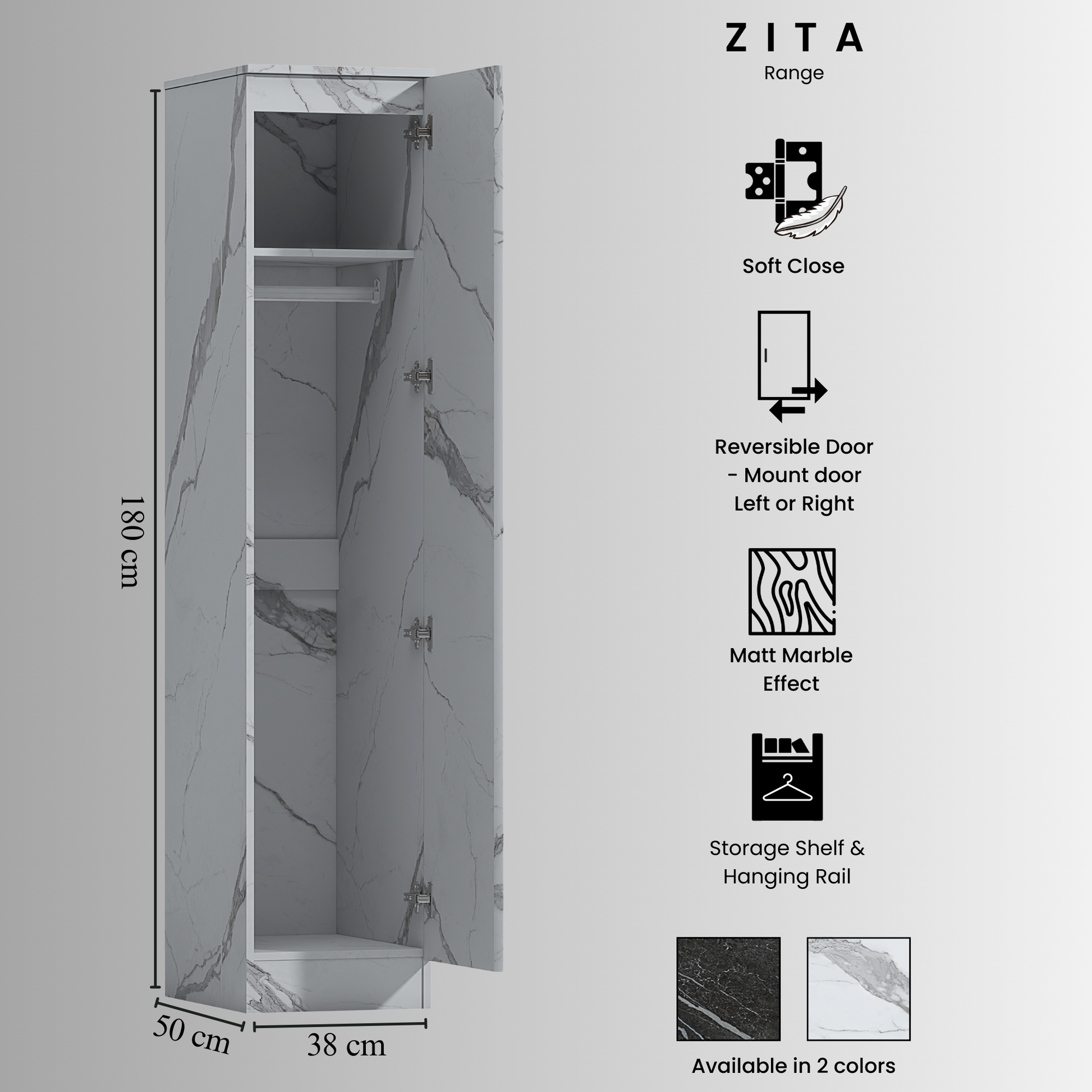 1 door wardrobe white marble effect