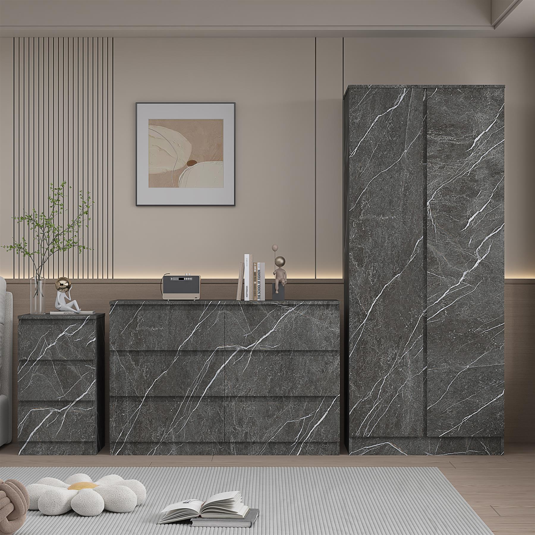 ZITA 3pc Set - 2 Door Wardrobe + Wide Chest + Bedside in White OR Grey Marble