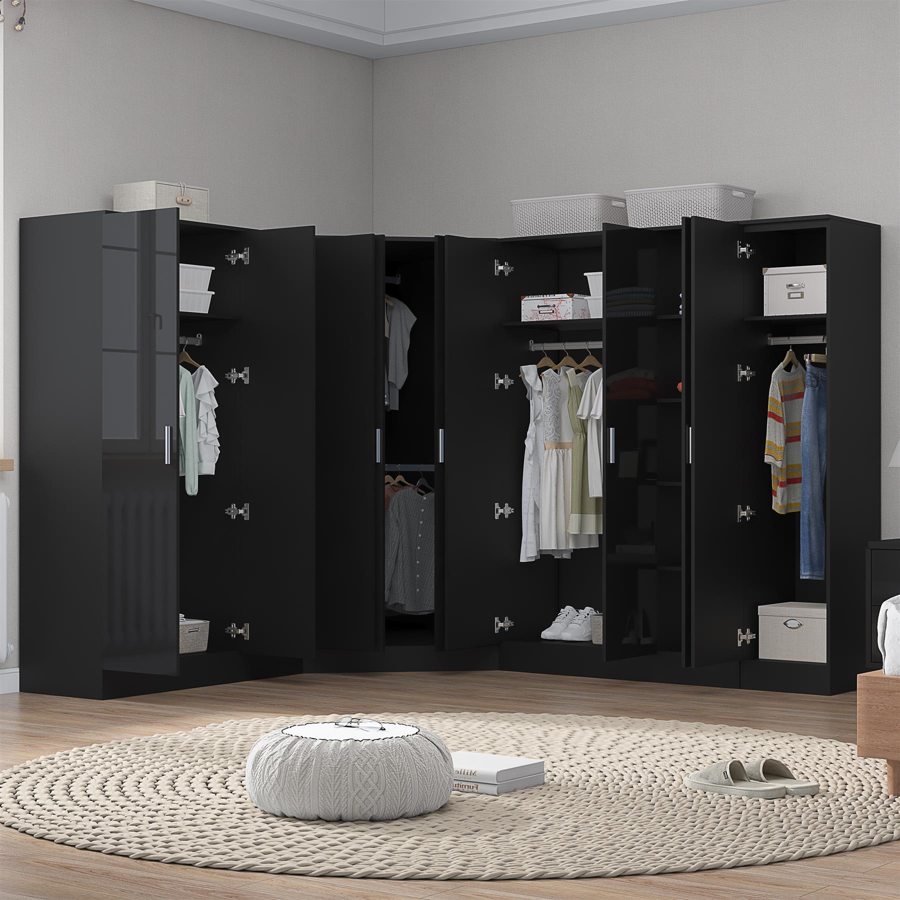 Reflect 4pc Wardrobe Bundle - 2 Door Corner + 2x 3 Door Plain + 1 Door Plain - Black Gloss & Black Oak