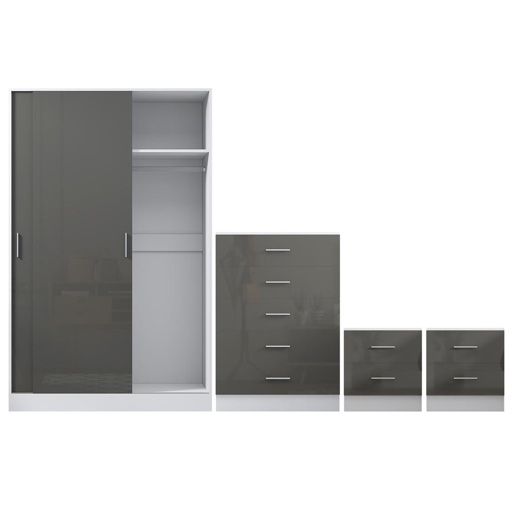 REFLECT Gloss 4pc Set - 2 Door Sliding Wardrobe + 5 Draw Chest + 2 Bedsides