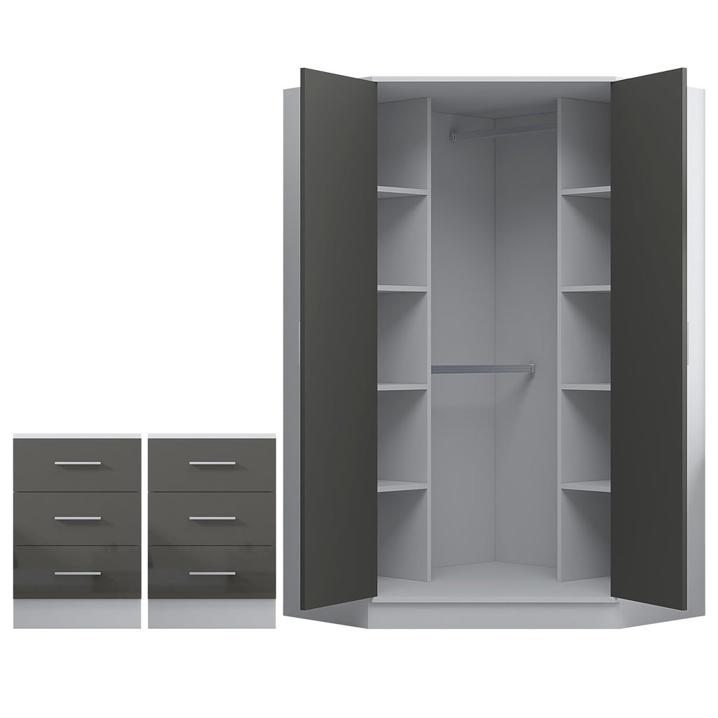 REFLECT - 2 Door CORNER + 2x 3 Drawer Bedside - Gloss Grey / Matt White