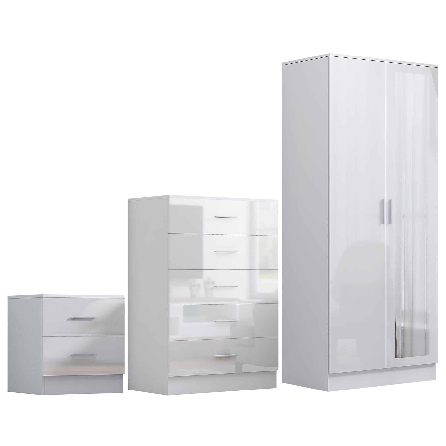 Reflect 2 Door Mirror Wardrobe, 5 Drawer Chest, 2 Drawer Bedside - White Gloss & Matt White - Modern Bedroom Furniture Set