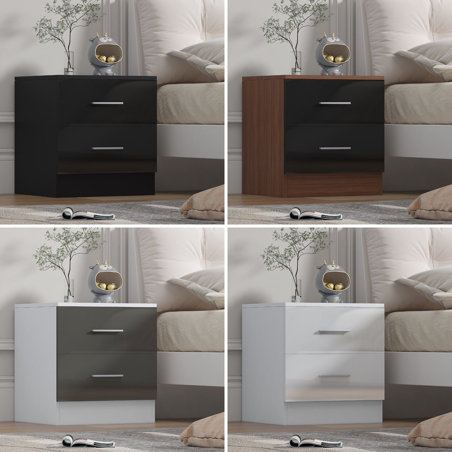 REFLECT Gloss Bedroom Furniture Wide 2 Drawer Bedside - 4 Colour Options