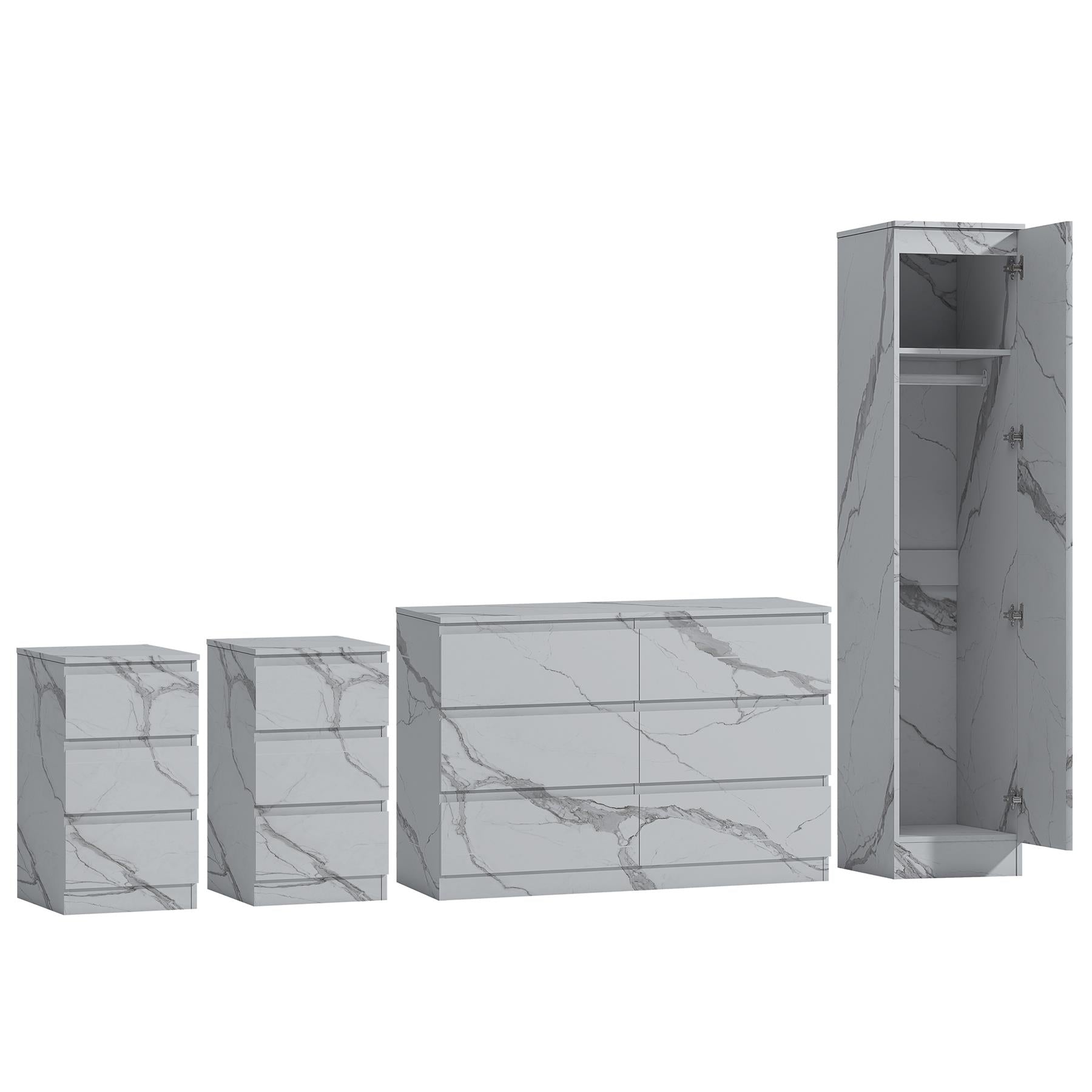 ZITA White Marble Effect 4pc Bedroom Set - 1-Door Wardrobe, Wide Chest & 2 Bedside Tables, Contemporary Bedroom Storage Solution