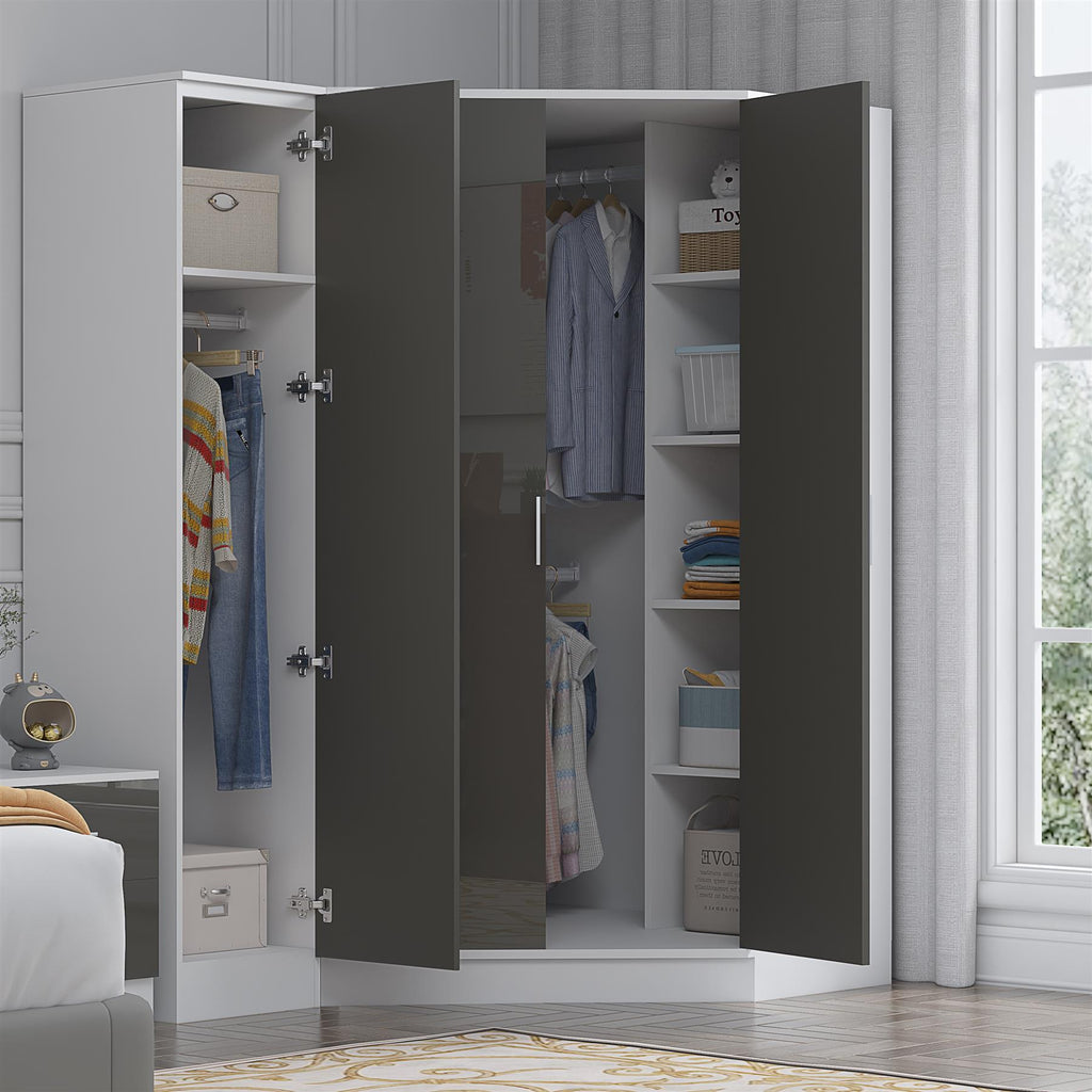 Reflect 2pc Wardrobe Bundle - 2 Door Corner + 1 Door Plain - Grey Gloss & Matt White - H: 180cm x W: 179cm x D: 103cm