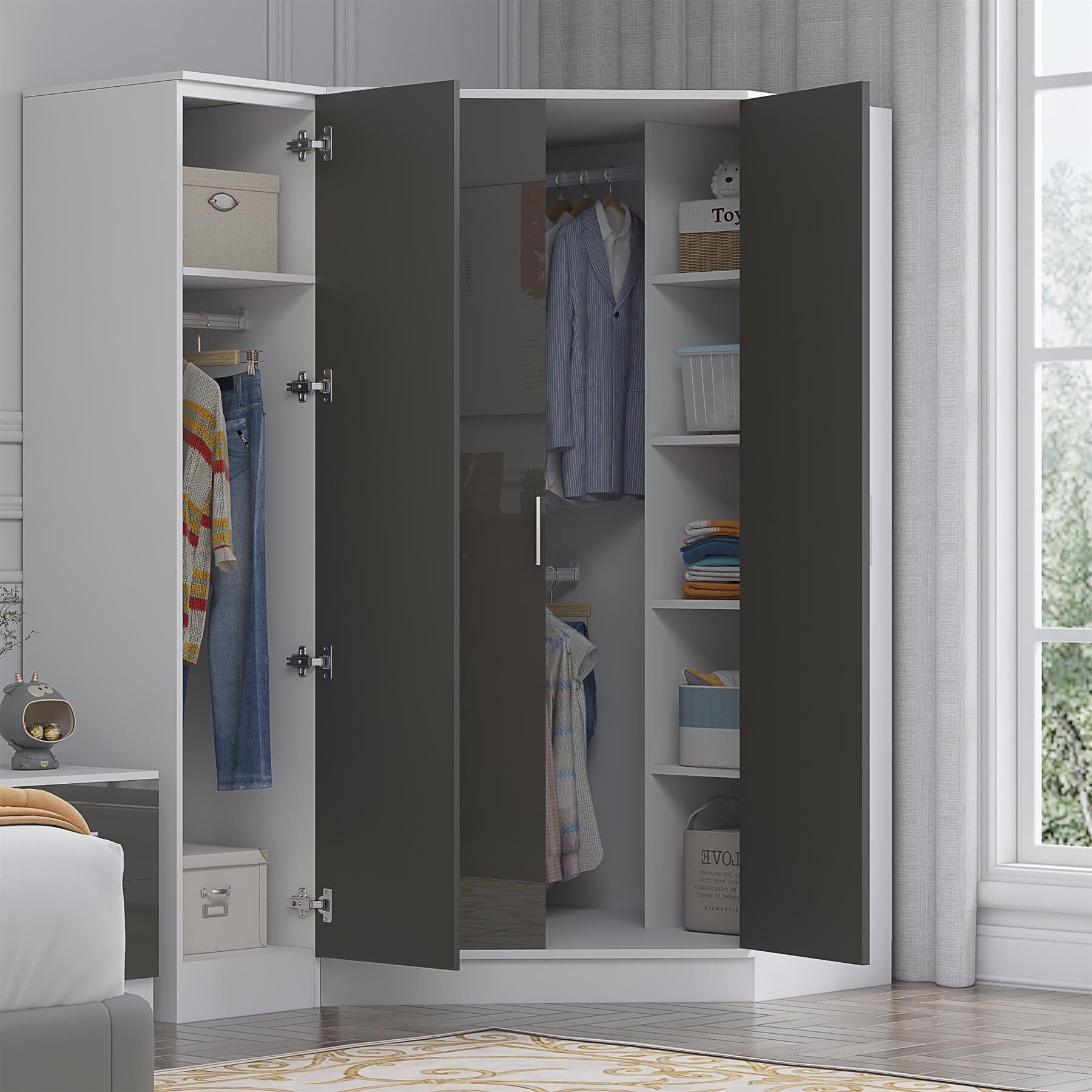 Reflect 2pc Wardrobe Bundle - 2 Door Corner + 1 Door Plain - Grey Gloss & Matt White - H: 180cm x W: 179cm x D: 103cm