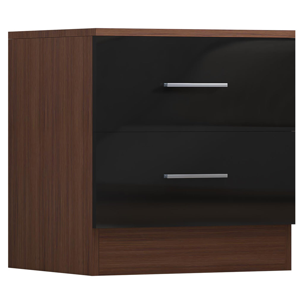 Reflect 2 Drawer Bedside - Black Gloss & Walnut - Modern Nightstand for Bedroom Storage - H: 48.5cm x W: 45cm x D: 39.5cm