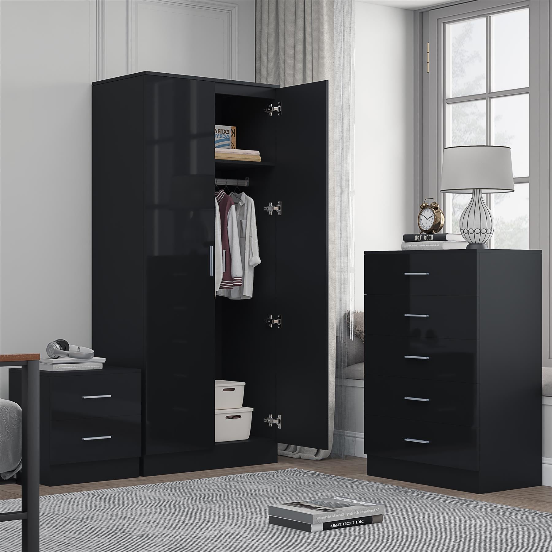 Reflect 2 Door Mirror Wardrobe, 5 Drawer Chest, 2 Drawer Bedside - Black Gloss & Black Oak - Modern Bedroom Furniture Set