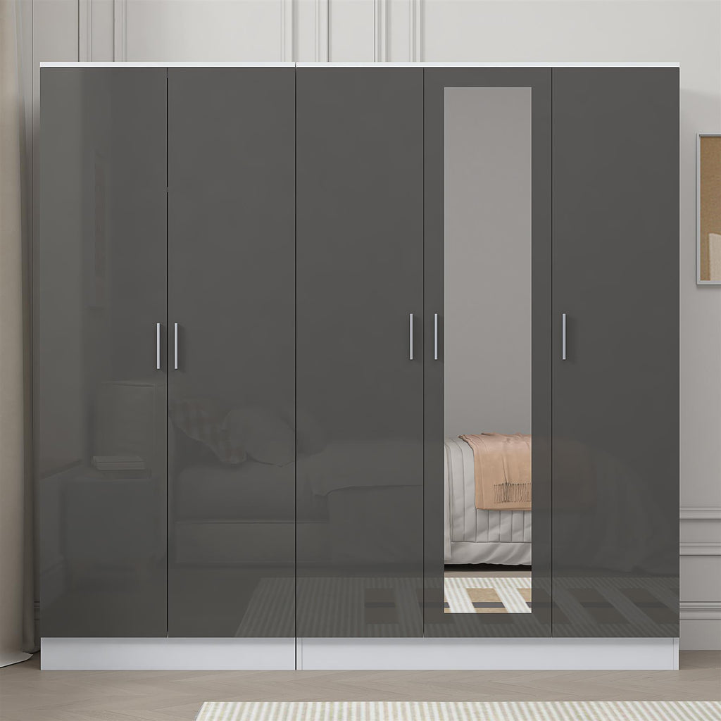 REFLECT - 3 Door MIRROR + 2 Door PLAIN Wardrobe - Gloss Grey / Matt White
