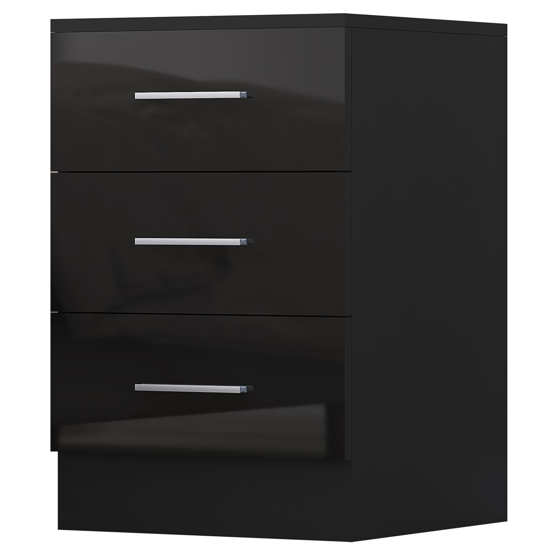 Reflect 3 Drawer Bedside - Black Gloss & Black Oak - Modern Nightstand for Bedroom Storage - H: 59.5cm x W: 39.5cm x D: 38cm