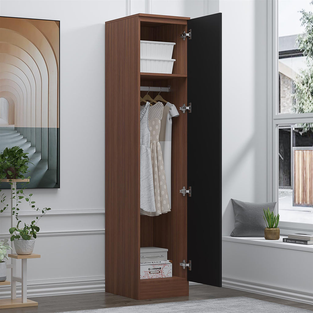 Reflect 1 Door High Gloss Wardrobe - Black Gloss & Walnut, Durable Melamine Finish - Modern Bedroom Storage - Single Door Wardrobe