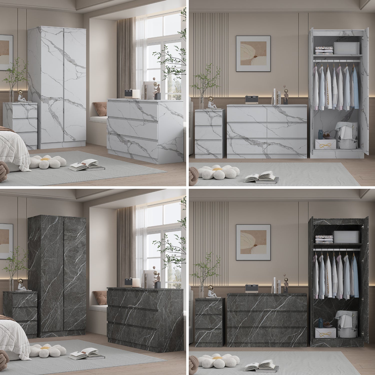 ZITA 3pc Set - 2 Door Wardrobe + Wide Chest + Bedside in White OR Grey Marble