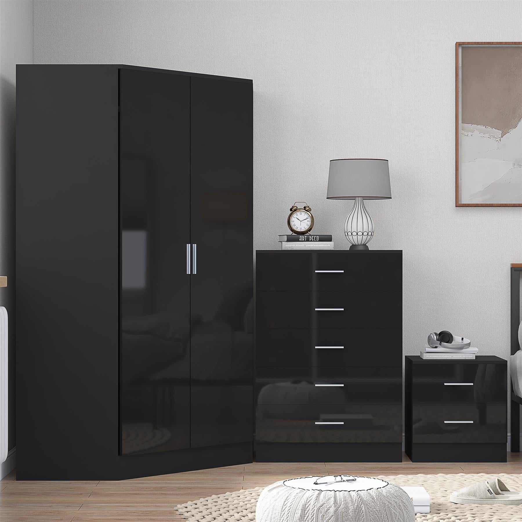 REFLECT Gloss 4pc Set - 2 Door Corner Wardrobe + 5 Draw Chest + Bedside