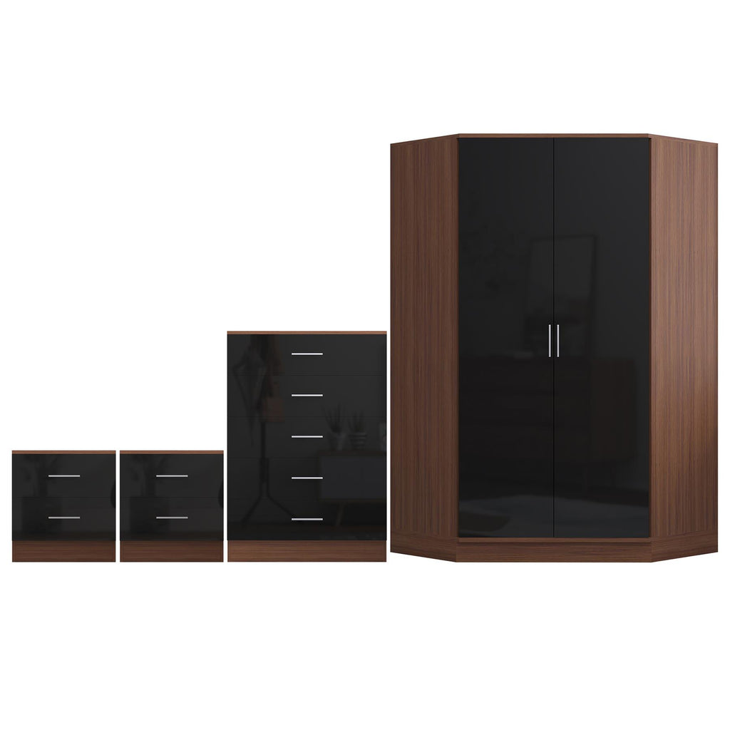 Reflect 2 Door Corner Wardrobe, 5 Drawer Chest, 2x 2 Drawer Bedsides - Black Gloss & Walnut - Bedroom Furniture Set
