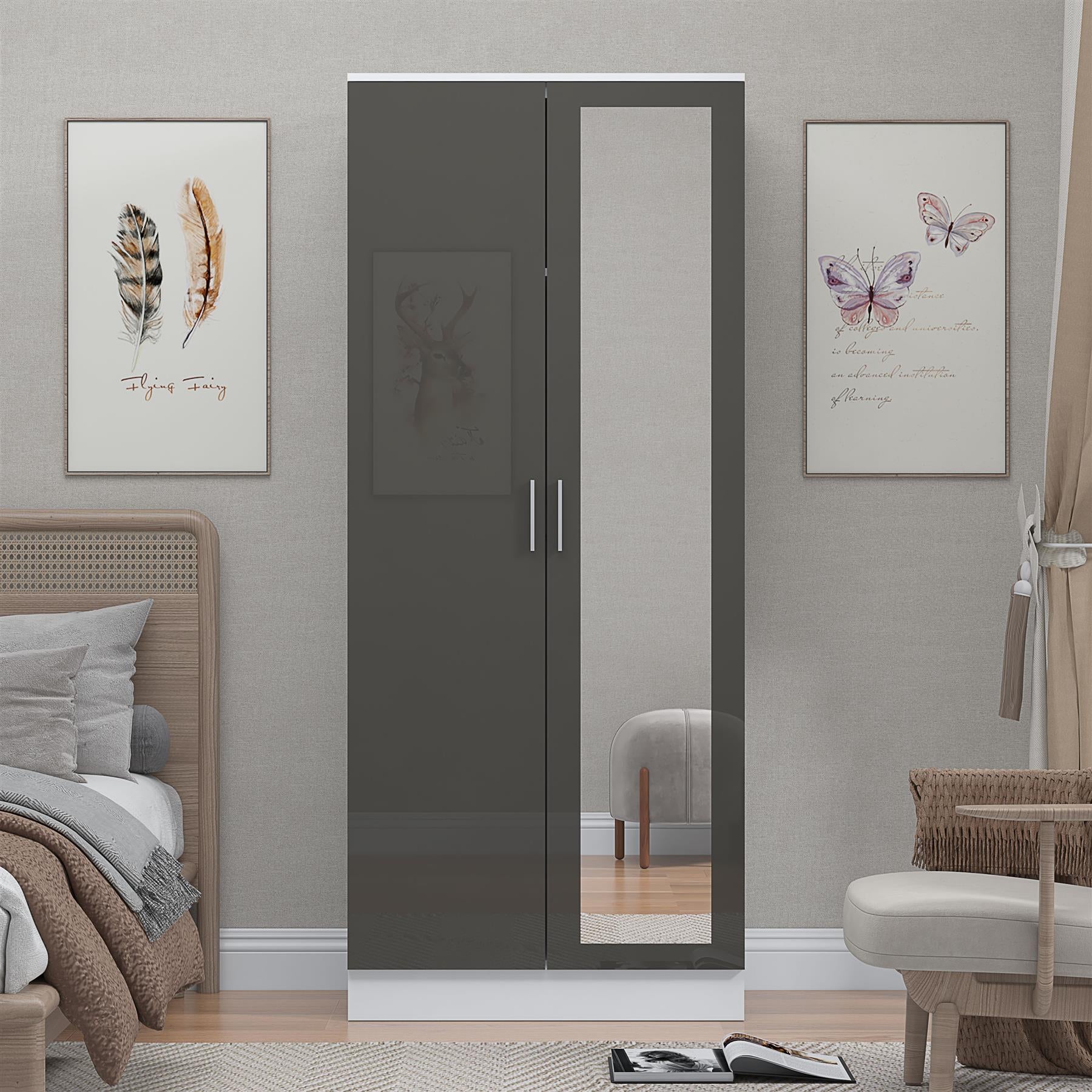 REFLECT Gloss Bedroom Furniture 2 Door Mirrored Wardrobe - 4 Colour Options