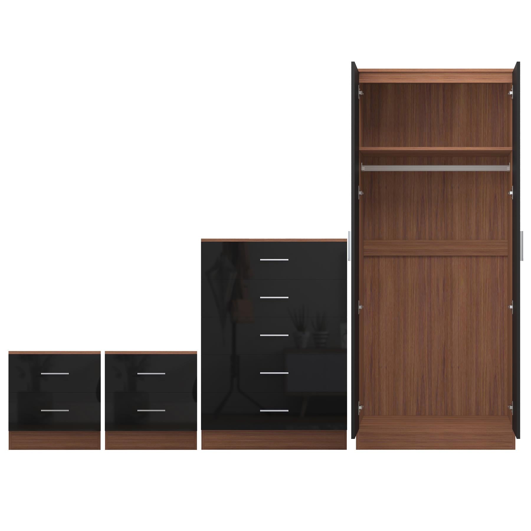 Reflect 2 Door Mirror Wardrobe, 5 Drawer Chest, 2x 2 Drawer Bedsides - Black Gloss & Walnut - Modern Bedroom Furniture Set