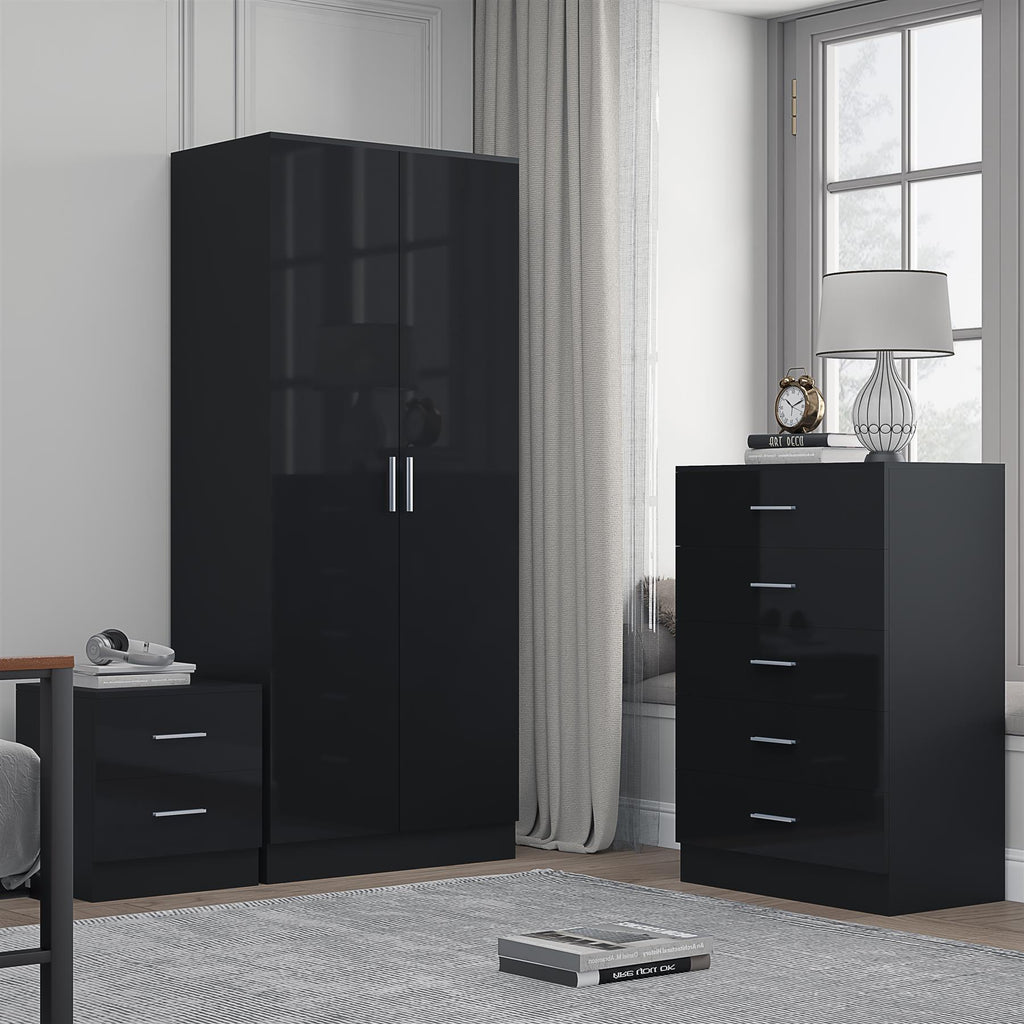 Reflect 2 Door Plain Wardrobe, 5 Drawer Chest, 2 Drawer Bedside - Black Gloss & Black Oak - Modern Bedroom Furniture Set