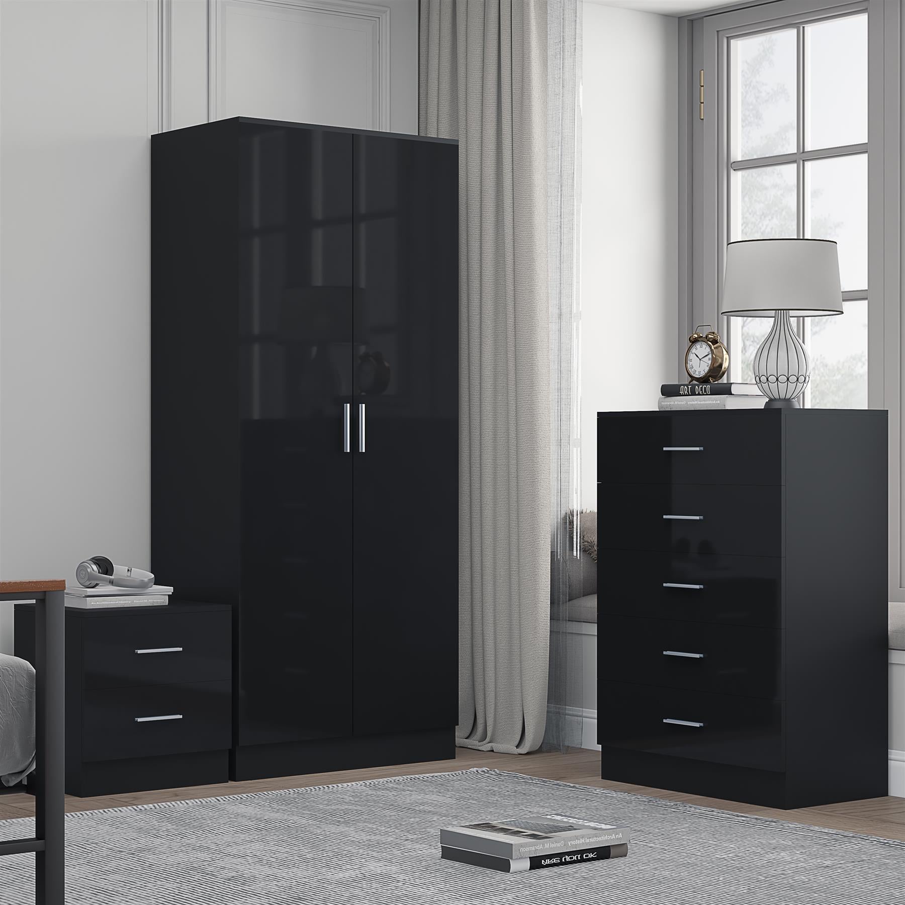 Reflect 2 Door Plain Wardrobe, 5 Drawer Chest, 2 Drawer Bedside - Black Gloss & Black Oak - Modern Bedroom Furniture Set