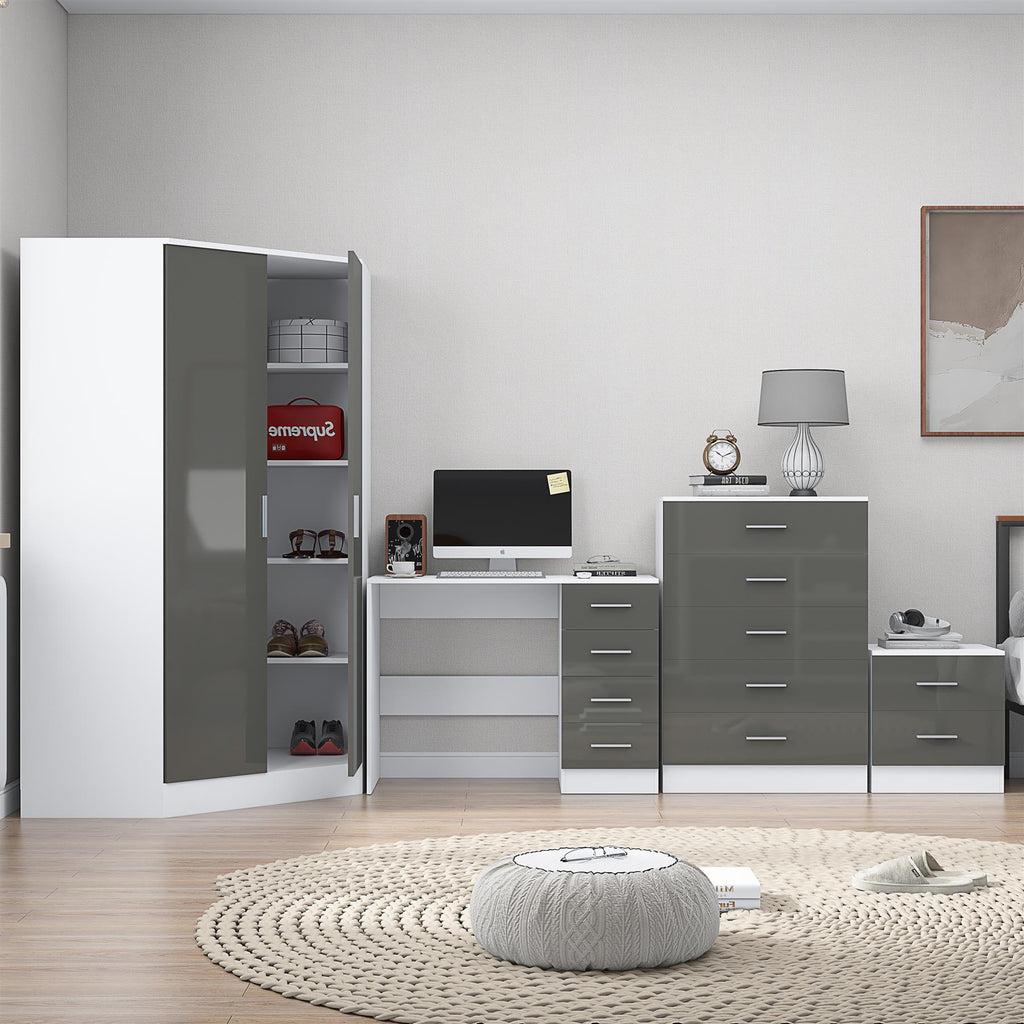 REFLECT Gloss 4pc Set - 2 Door Corner Wardrobe + 5 Draw Chest + Bedside + Desk