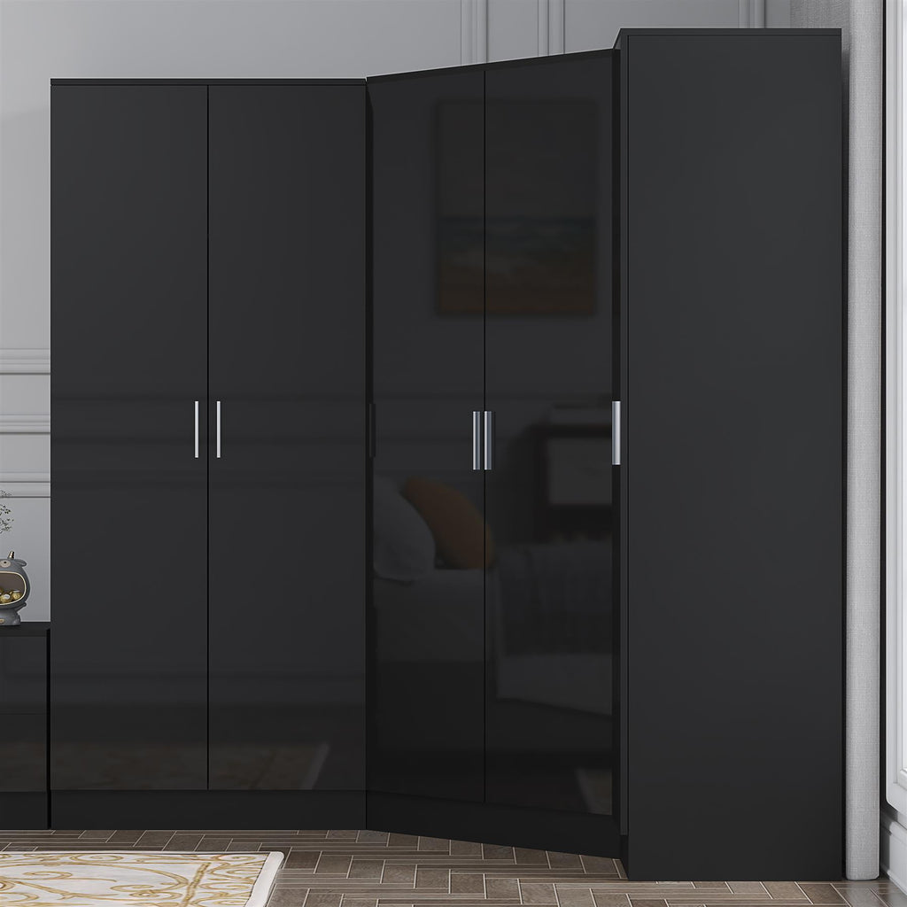 Reflect 3pc Wardrobe Bundle - 2 Door Corner + 2 Door Plain + 1 Door Plain - Black Gloss & Black Oak