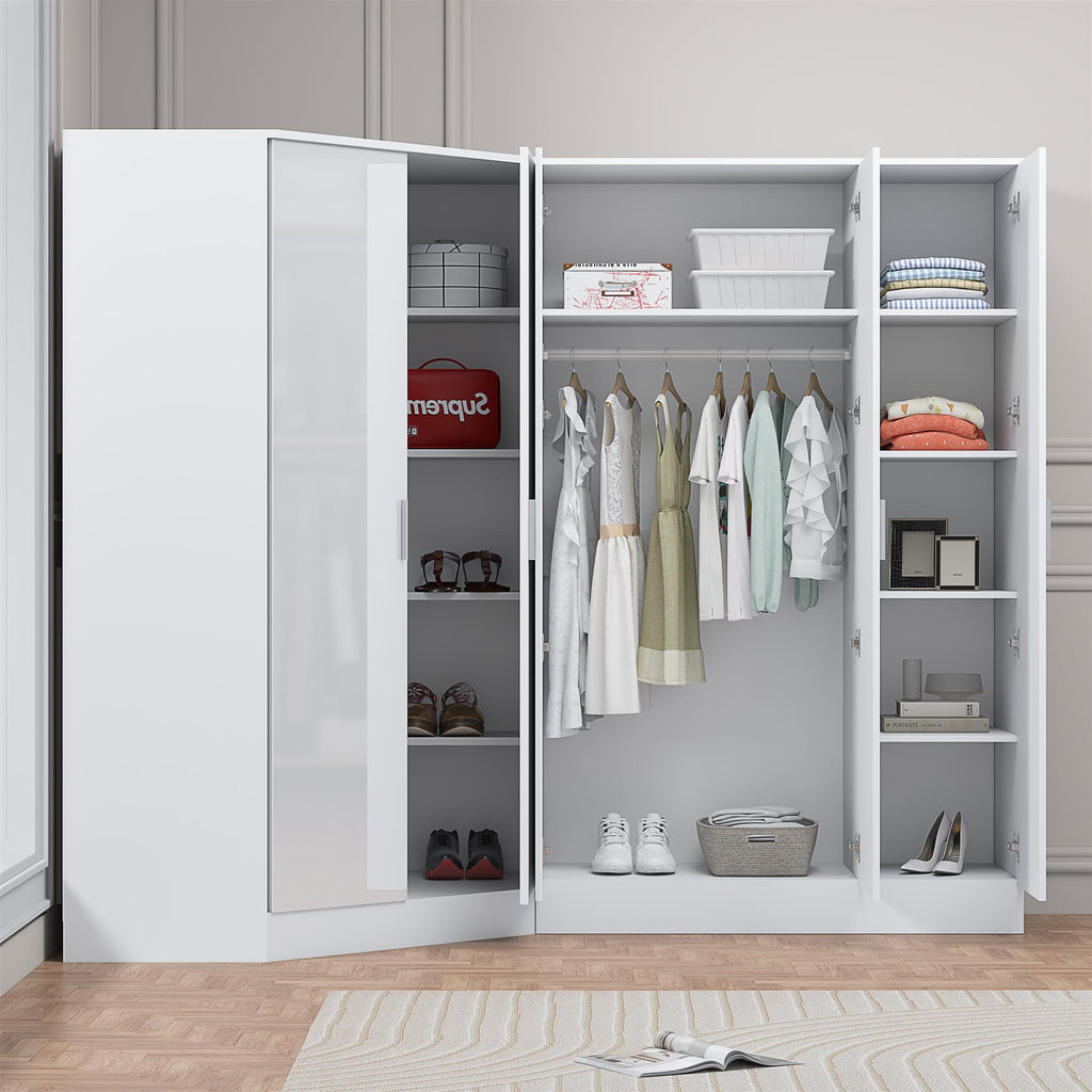Reflect 2pc Wardrobe Bundle - 2 Door Corner + 3 Door Plain - White Gloss & Matt White - H: 180cm x W: 179cm x D: 103cm