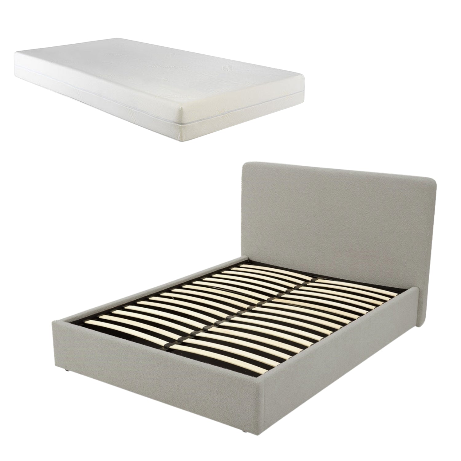 TEDDY BOUCLE 4FT6 Double Grey Ottoman Storage Bed Gas Lift Up - (L) 210cm x (W) 155cm (H) 113cm with 15cm Memory Foam Mattress