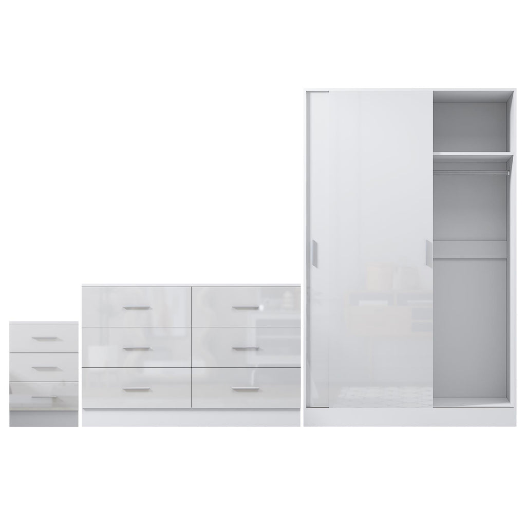 Reflect 2 Door Sliding Wardrobe, 6 Drawer Wide Chest, 3 Drawer Bedside - White Gloss & Matt White - Modern Bedroom Furniture Set