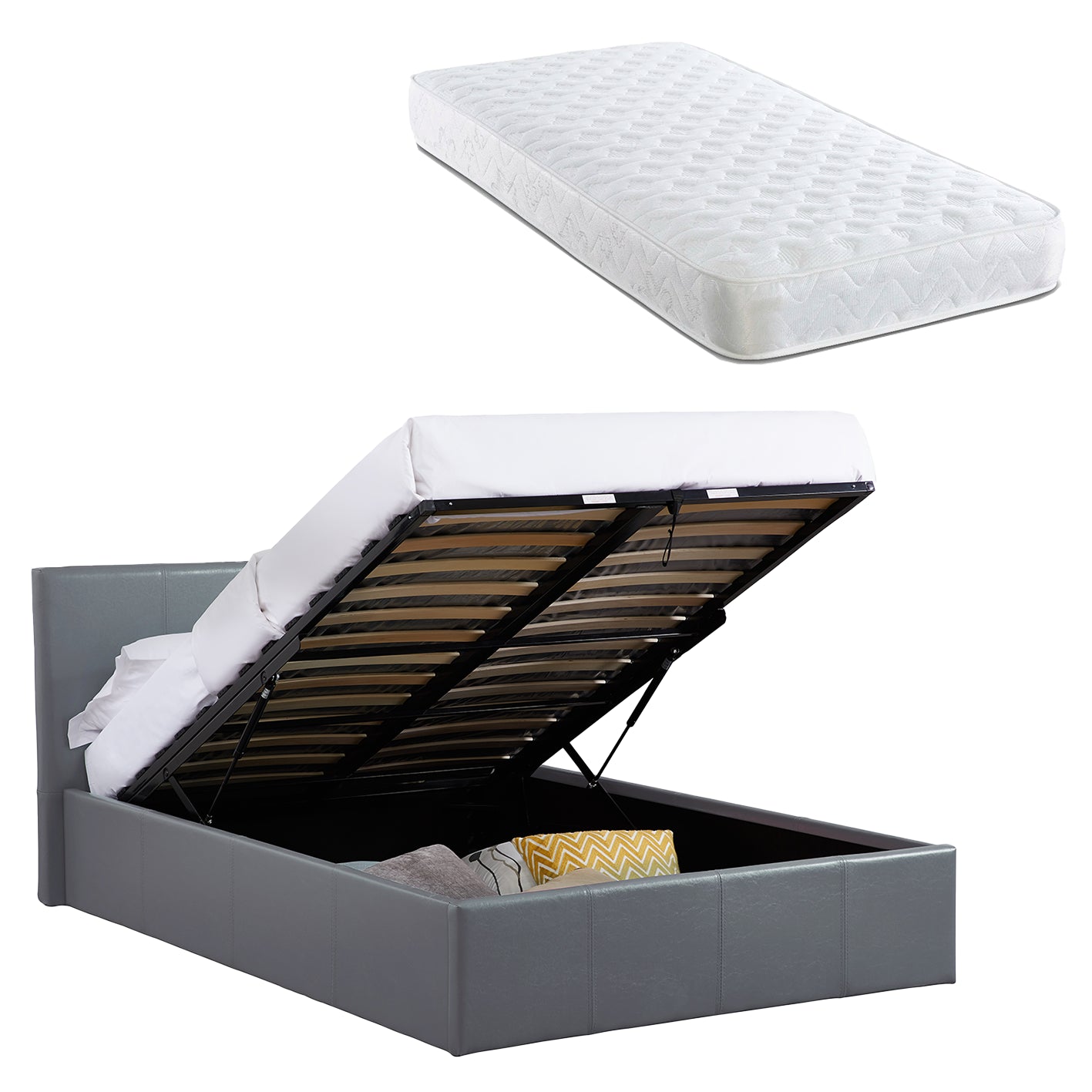 LUNA 4FT Small Double Grey Ottoman Storage Bed Gas Lift & 17cm Thick Spring Mattress - L:203cm x W:138cm x H:88.5cm