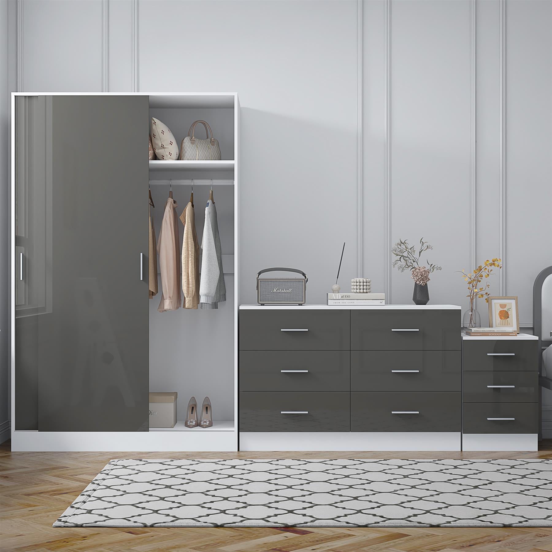 Reflect 2 Door Sliding Wardrobe, 6 Drawer Wide Chest, 3 Drawer Bedside - Grey Gloss & Matt White - Modern Bedroom Furniture Set