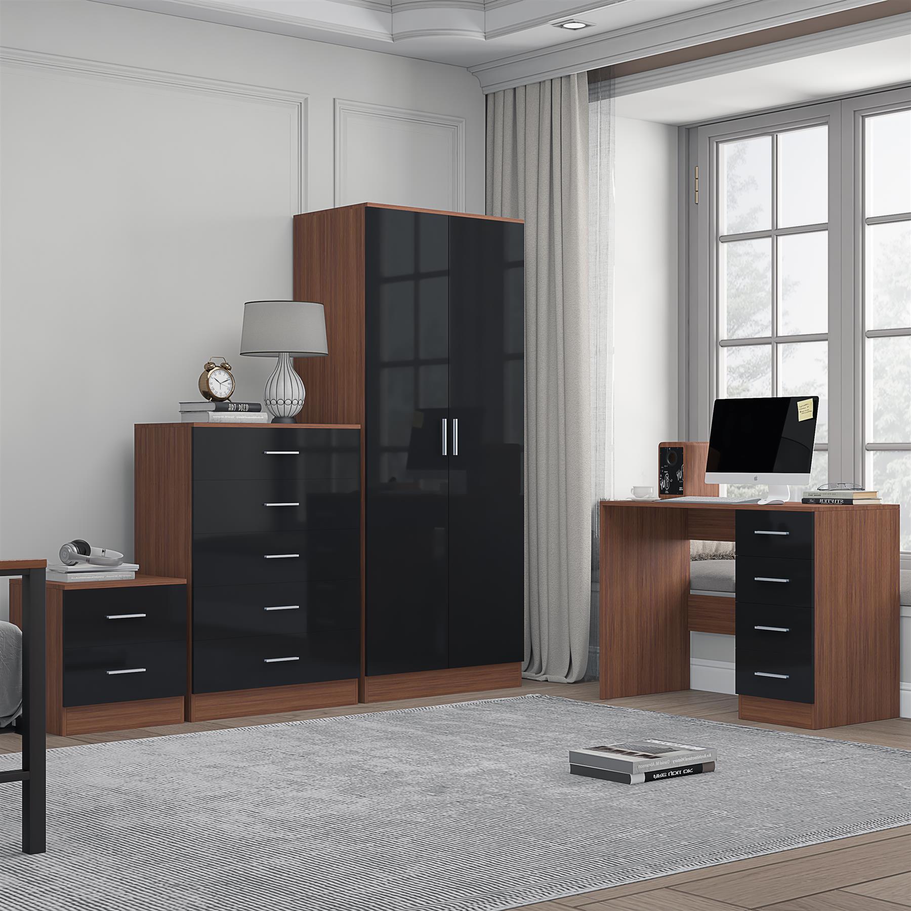 Reflect 2 Door Plain Wardrobe, 5 Drawer Chest, 2 Drawer Bedside & Desk - Black Gloss & Walnut - Modern Bedroom Furniture Set