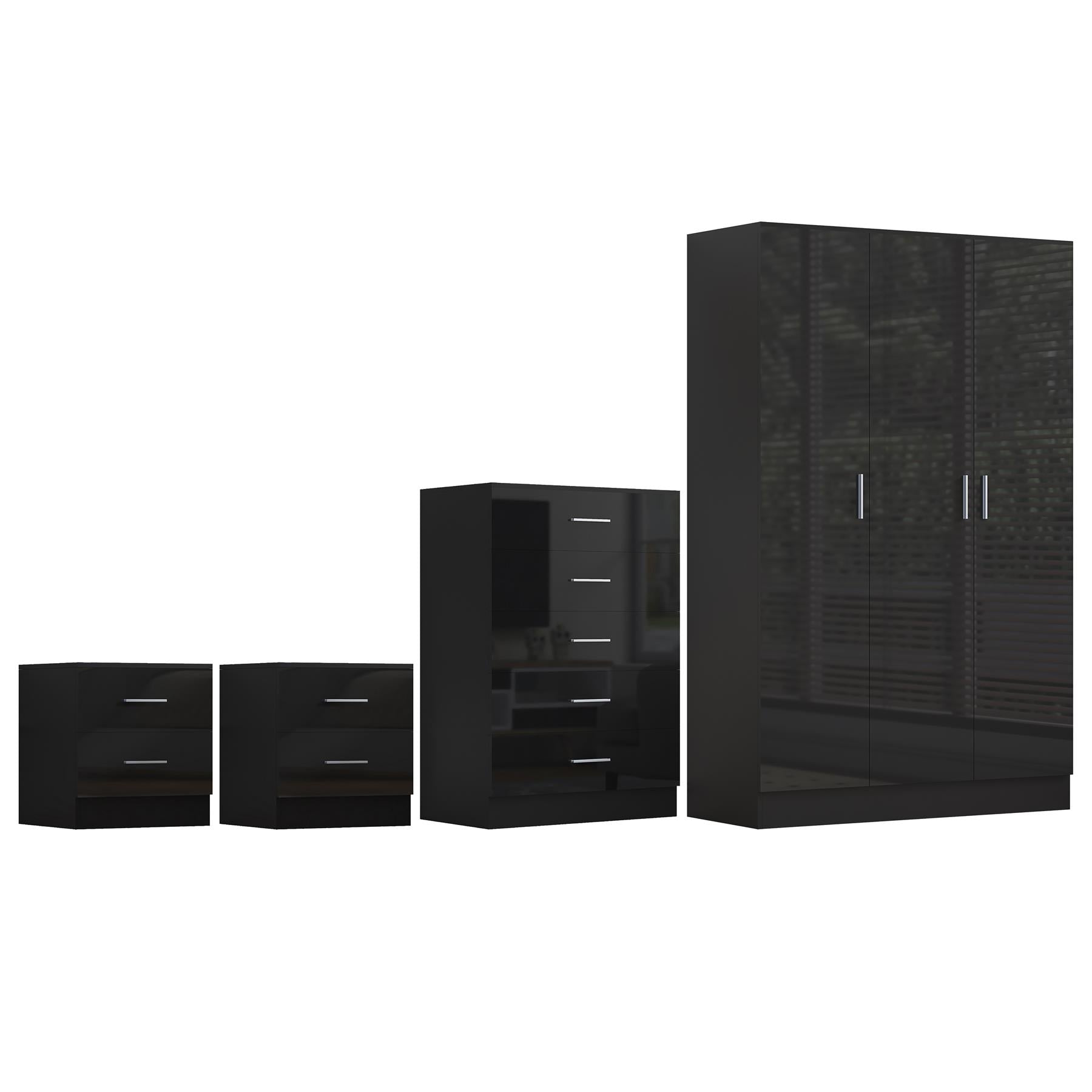 REFLECT Gloss 4pc Bedroom Set - 3 Door Wardrobe + 5 Draw Chest + 2 Bedsides