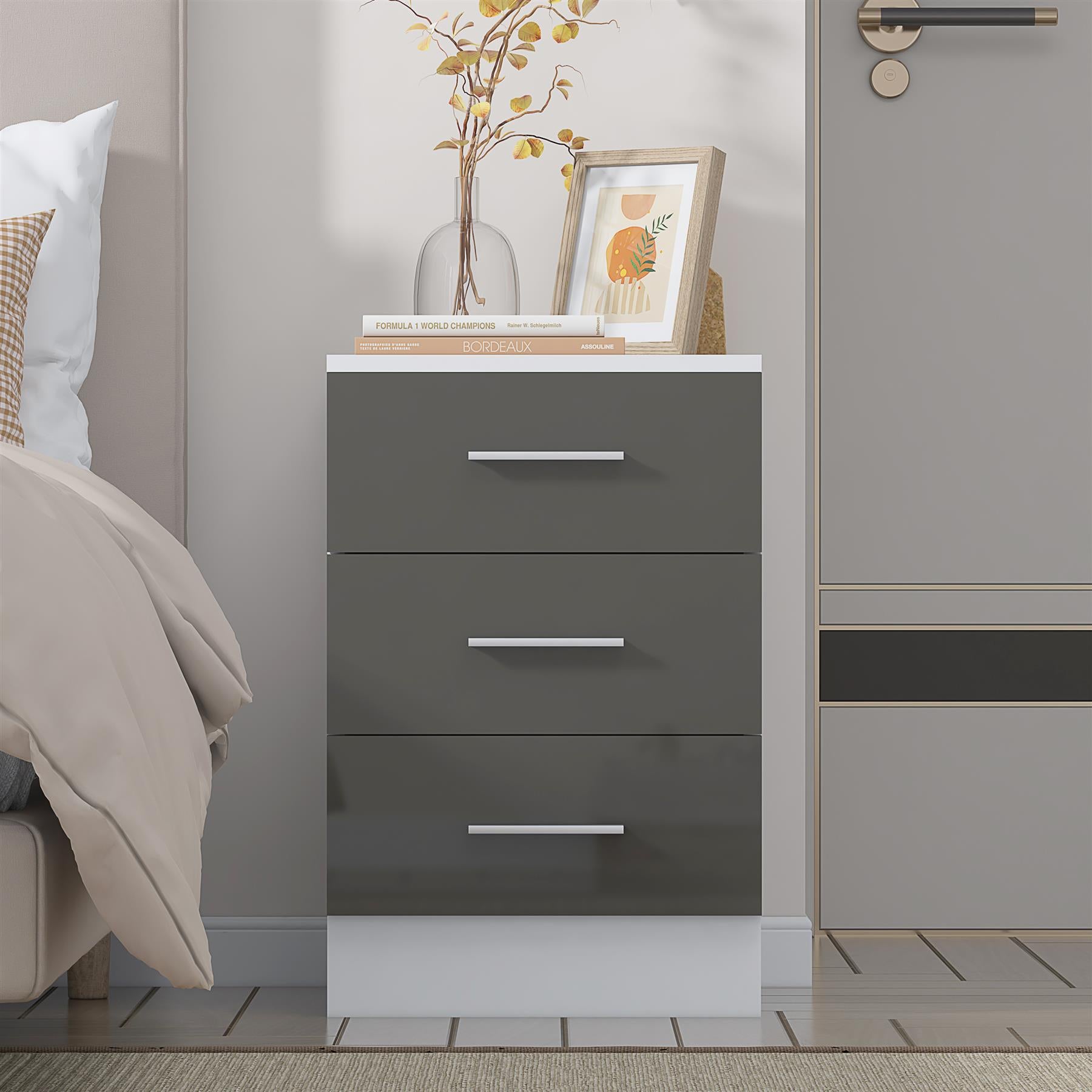 Reflect 3 Drawer Bedside - Grey Gloss & Matt White - Modern Nightstand for Bedroom Storage - H: 59.5cm x W: 39.5cm x D: 38cm