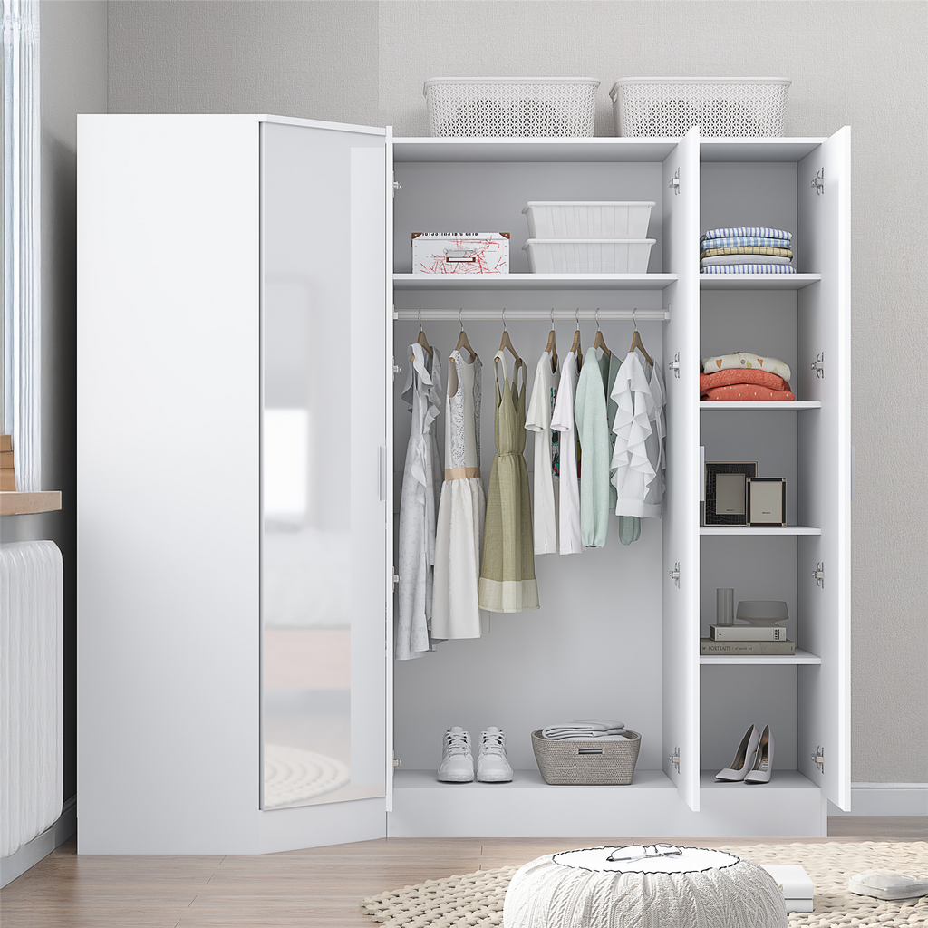 REFLECT - 1 Door Corner + 3 Door Mirror Wardrobe in Gloss White / Matt White