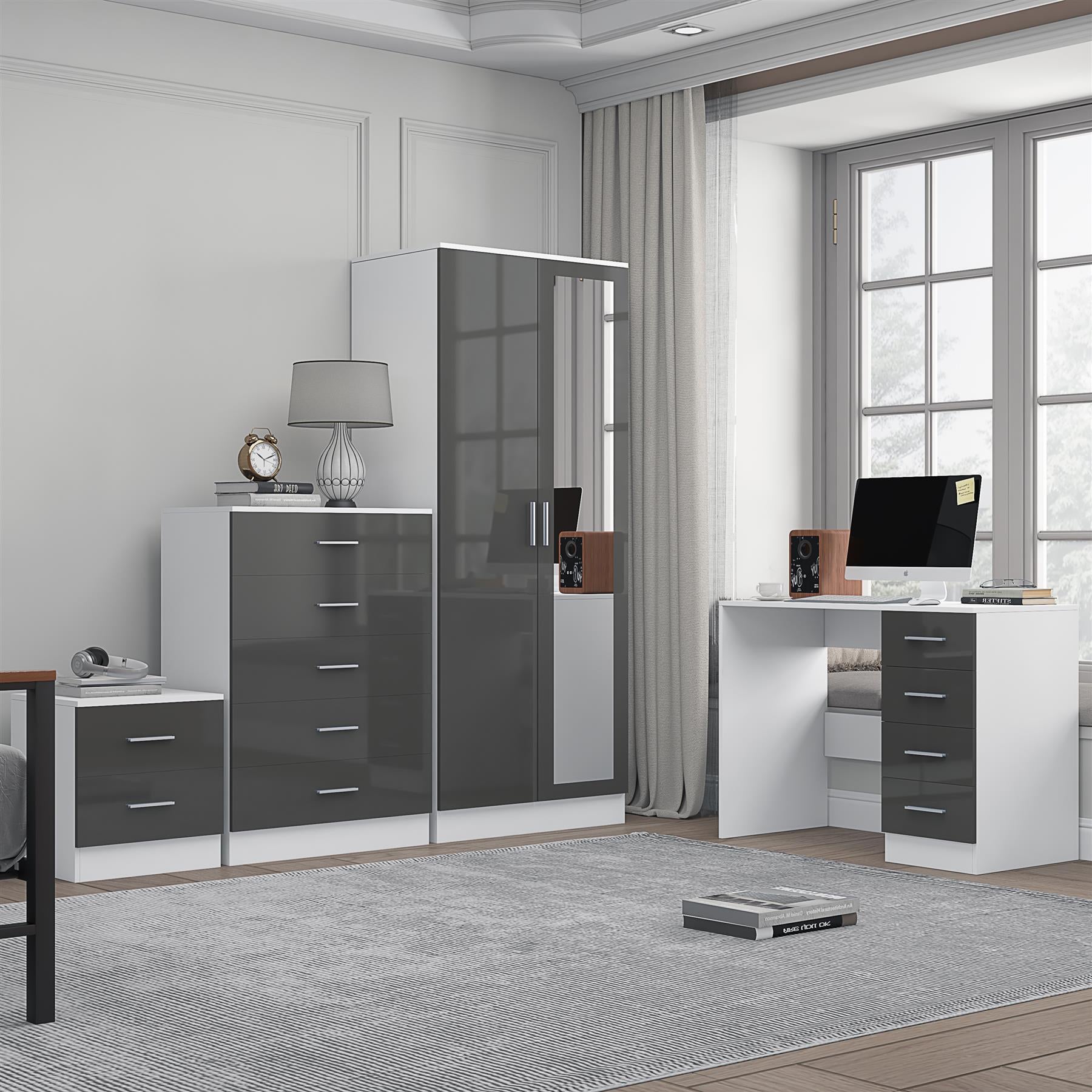 Reflect 2 Door Mirror Wardrobe, 5 Drawer Chest, 2 Drawer Bedside & Desk - Grey Gloss & Matt White - Modern Bedroom Furniture Set