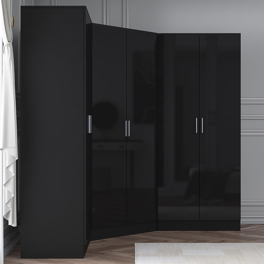 Reflect 3pc Wardrobe Bundle - 2 Door Corner + 2x 2 Door Plain - Black Gloss & Black Oak