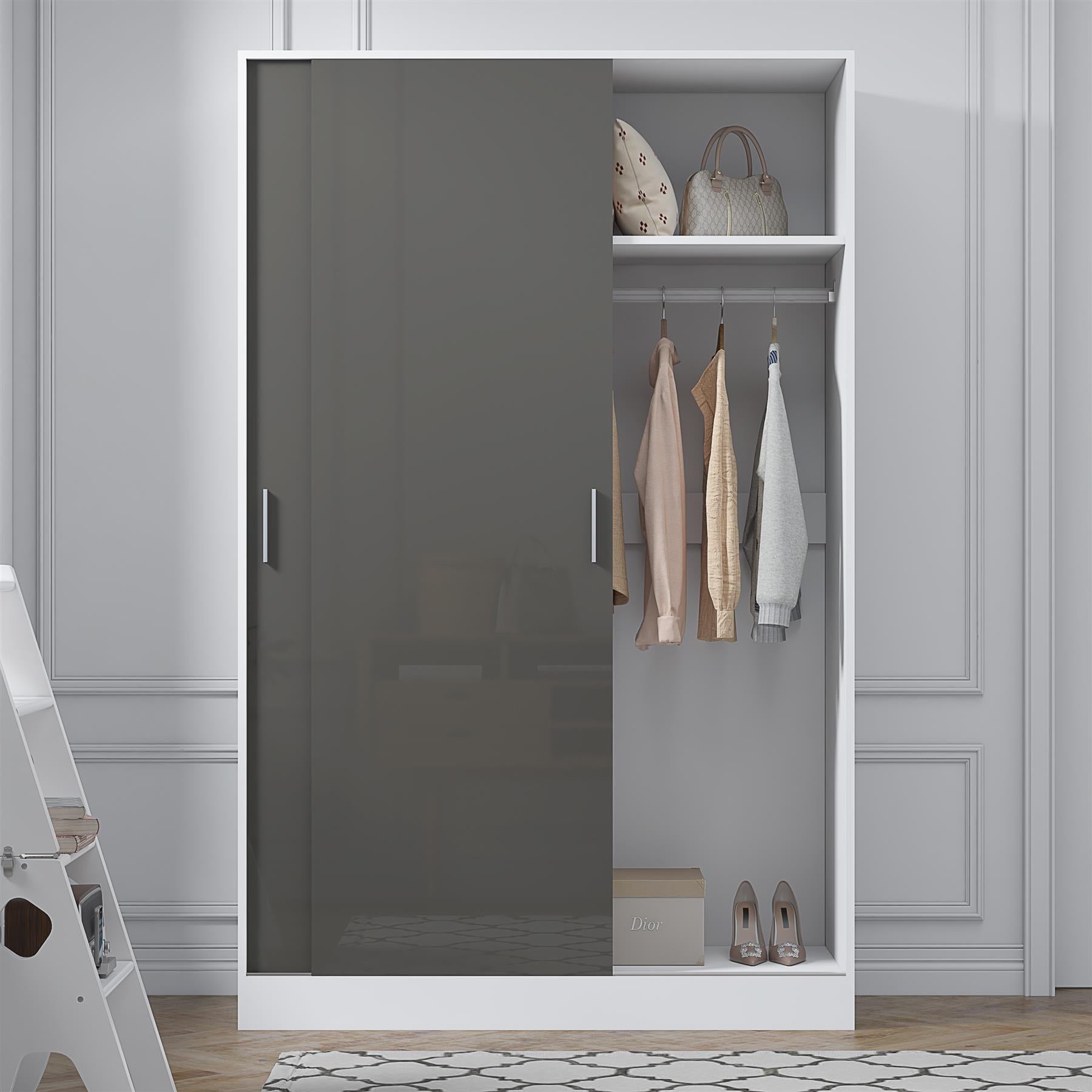 Reflect 2 Door Sliding Wardrobe - Grey Gloss & Matt White - Hanging Rails & Shelves - Modern Design