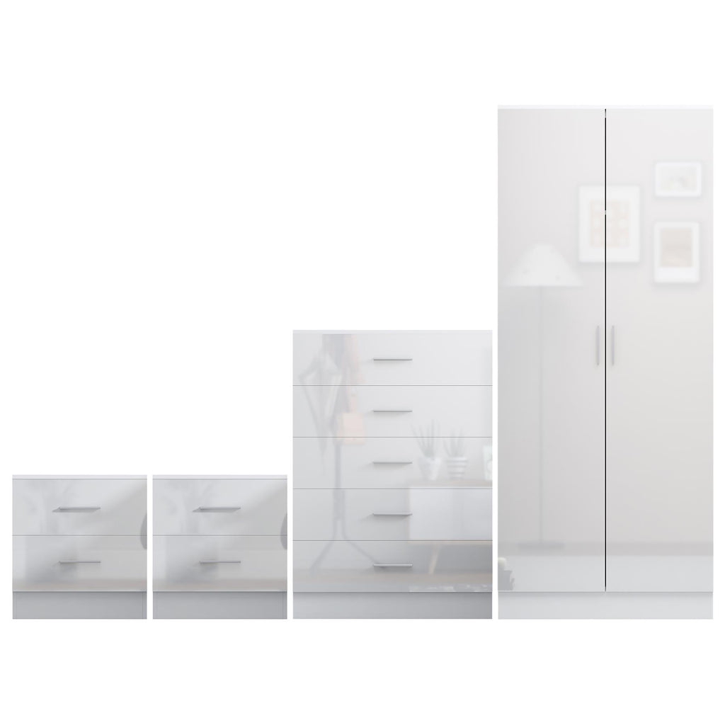 Reflect 2 Door Plain Wardrobe, 5 Drawer Chest, 2x 2 Drawer Bedsides - White Gloss & Matt White - Modern Bedroom Furniture Set
