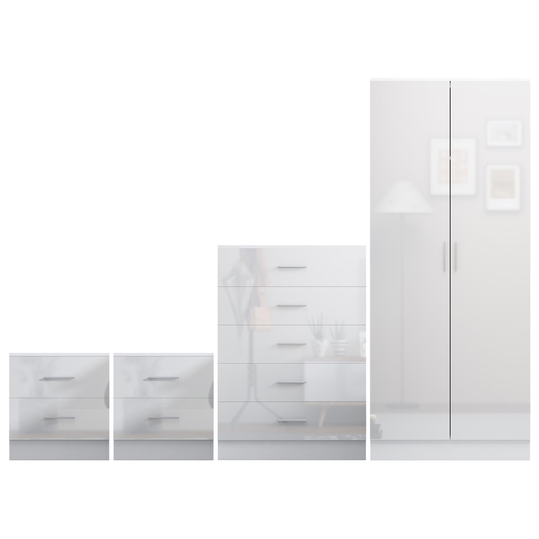 Reflect 2 Door Plain Wardrobe, 5 Drawer Chest, 2x 2 Drawer Bedsides - White Gloss & Matt White - Modern Bedroom Furniture Set