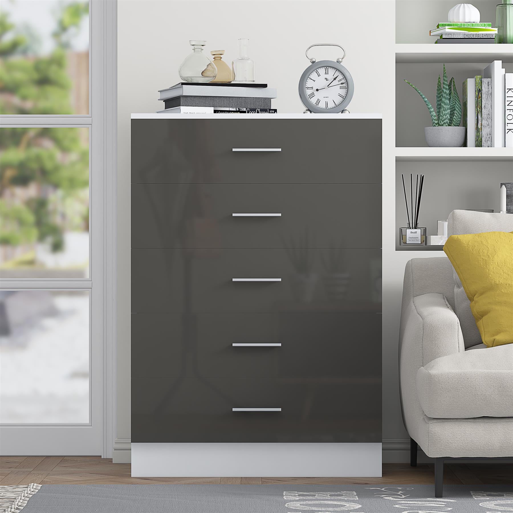 REFLECT Gloss Bedroom Furniture Tall 5 Drawer Chest of Drawers - 4 Colour Option