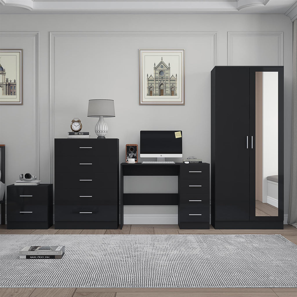 REFLECT Gloss 4pc Set - 2 Door Mirrored Wardrobe + 5 Draw Chest + Bedside + Desk
