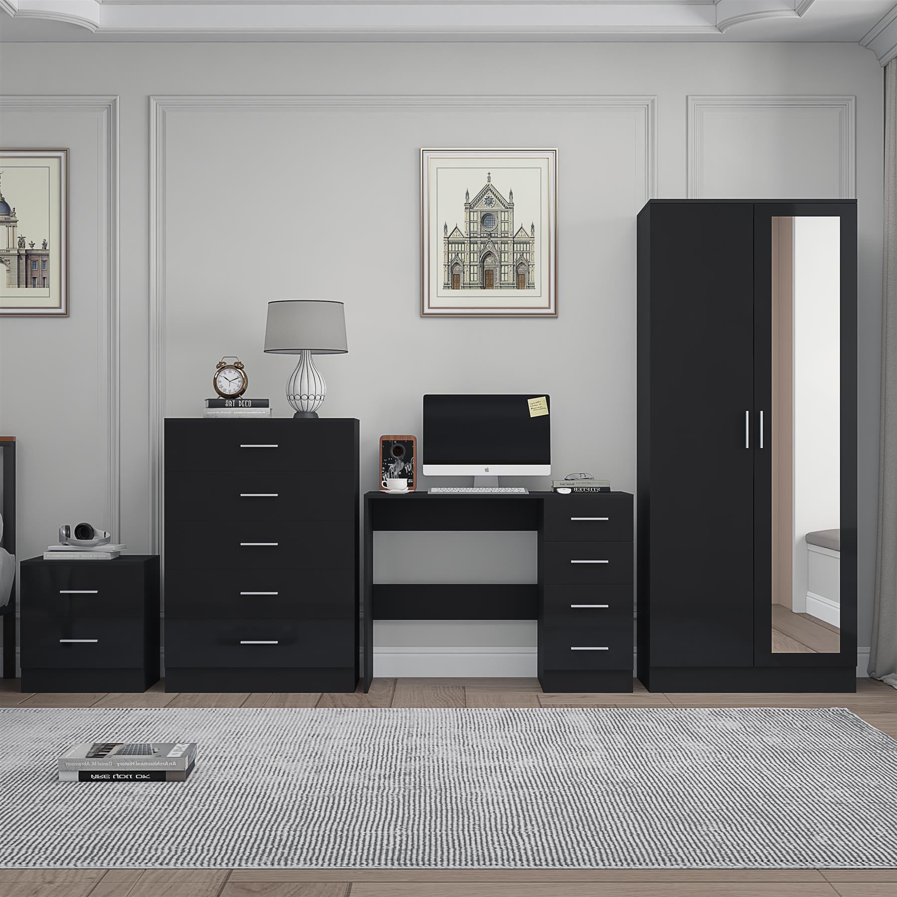 Reflect 2 Door Mirror Wardrobe, 5 Drawer Chest, 2 Drawer Bedside & Desk - Black Gloss & Black Oak - Modern Bedroom Furniture Set