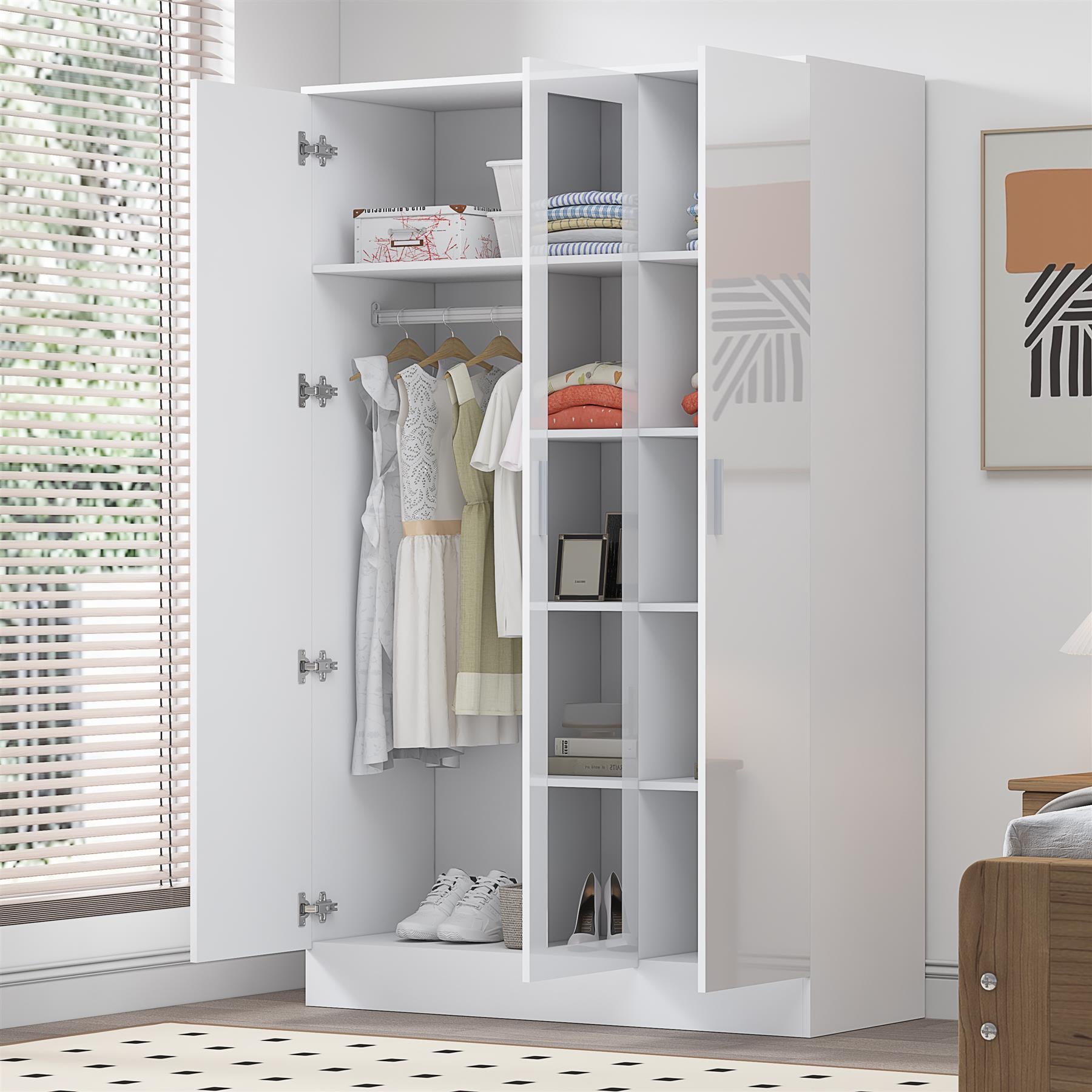 Reflect 3 Door Mirror Wardrobe-White Gloss & Matt White-Hanging Rail & 4 Shelves-H: 180cm x W: 113cm x D: 47cm - Modern Design