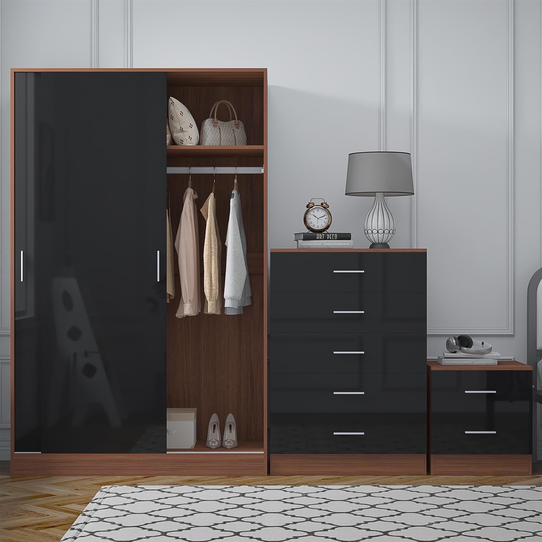 Reflect 2 Door Sliding Wardrobe, 5 Drawer Chest, 2 Drawer Bedside - Black Gloss & Walnut - Modern Bedroom Furniture Set