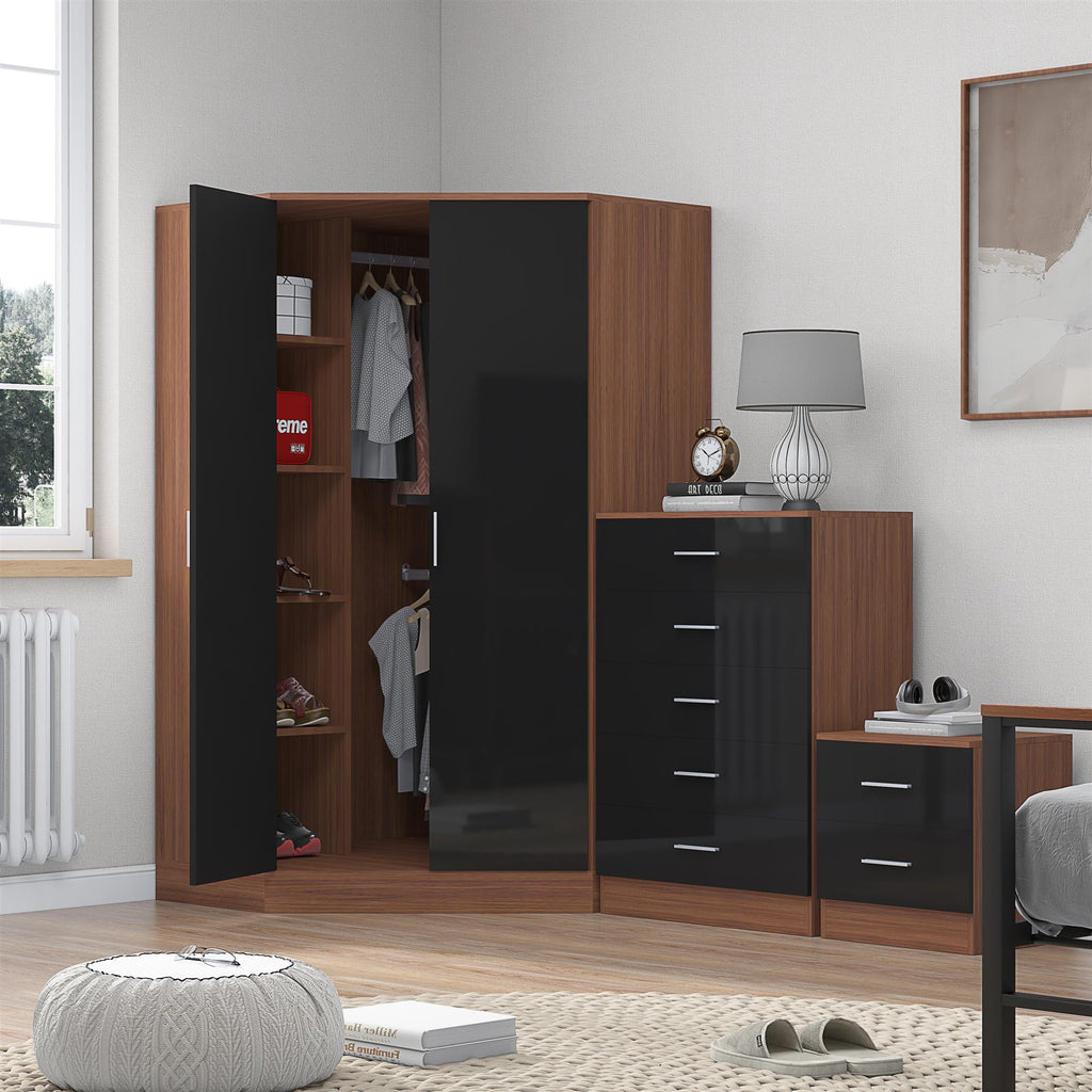 Reflect 2 Door Corner Wardrobe, 5 Drawer Chest, 2 Drawer Bedside - Black Gloss & Walnut - Bedroom Furniture Set