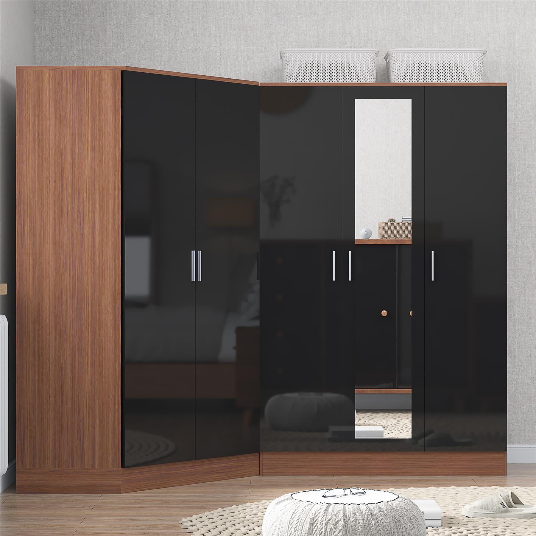REFLECT Gloss 5 Door Wardrobe Bundle - 2 Door Corner + 3 Door Mirror Bedroom Set