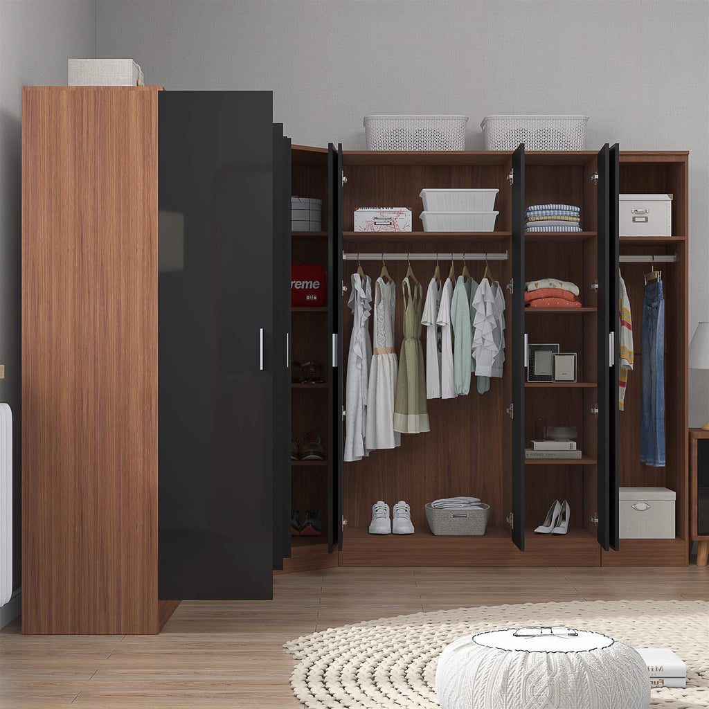 Reflect 4pc Wardrobe Bundle - 2 Door Corner + 3 Door Mirror + 3 Door Plain + 1 Door Plain - Black Gloss & Walnut