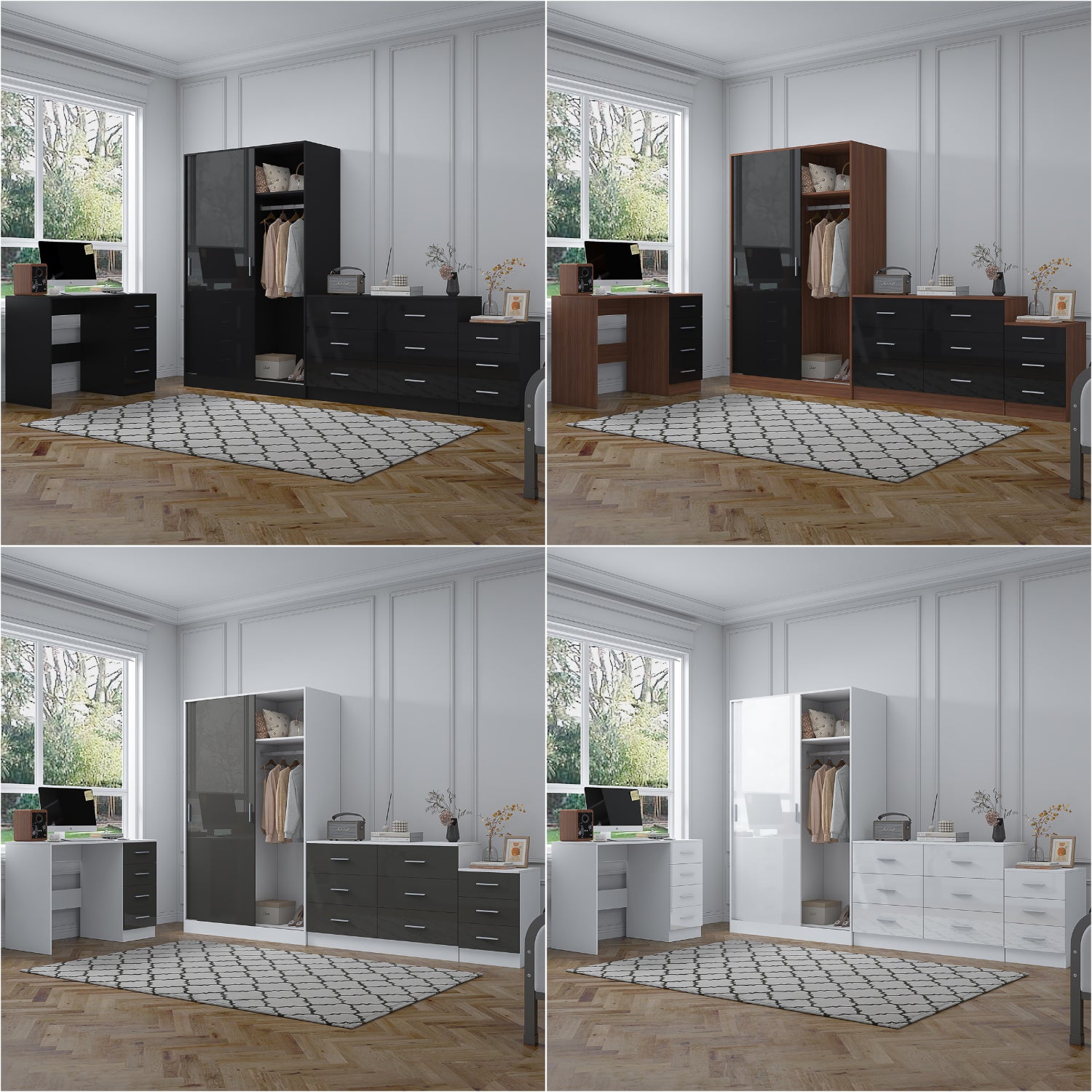 REFLECT Gloss 4pc Set - 2 Door Sliding Wardrobe + Wide Chest + Bedside + Desk.