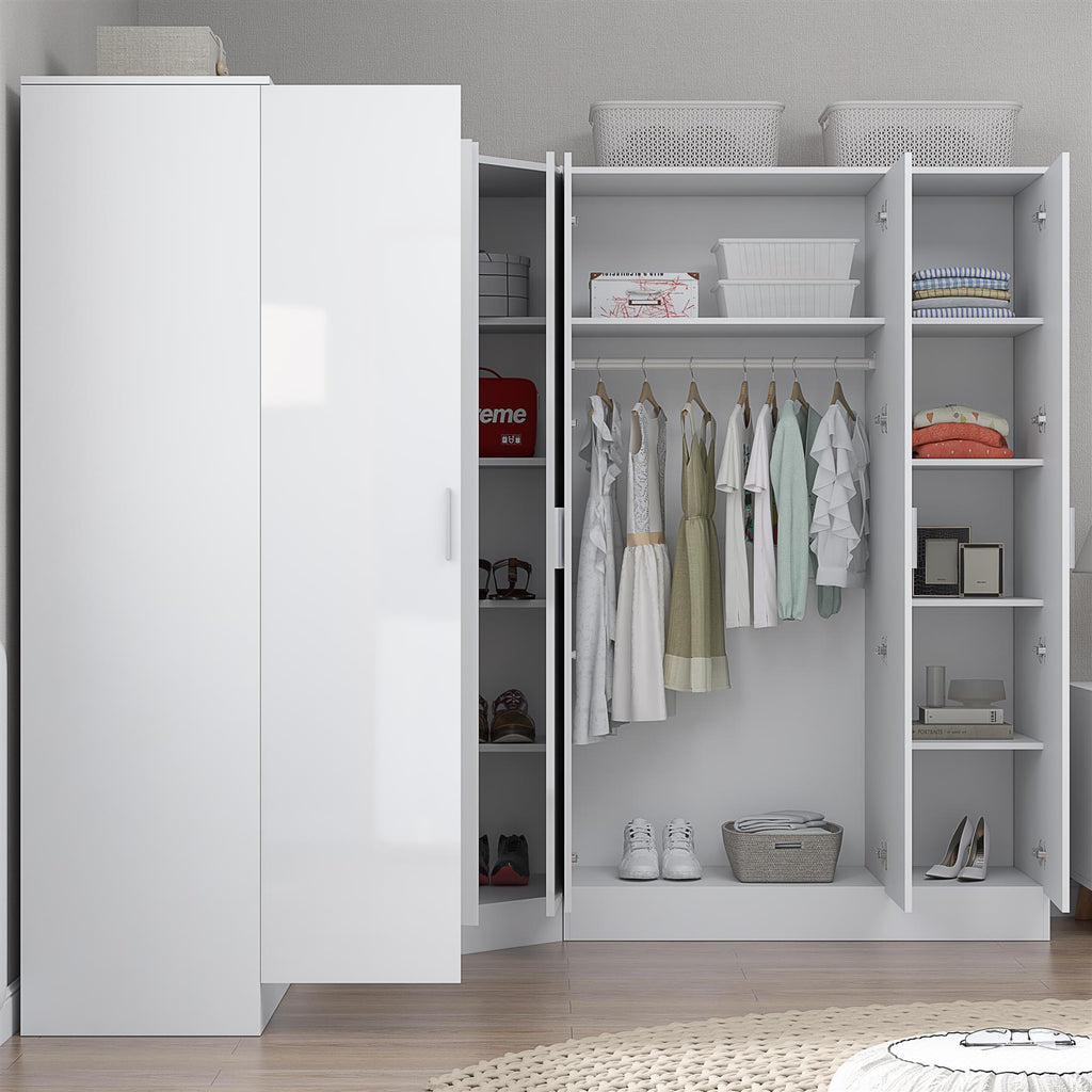 Reflect 4pc Wardrobe Bundle - 2 Door Corner + 3 Door Plain + 2 Door Plain - White Gloss & Matt White