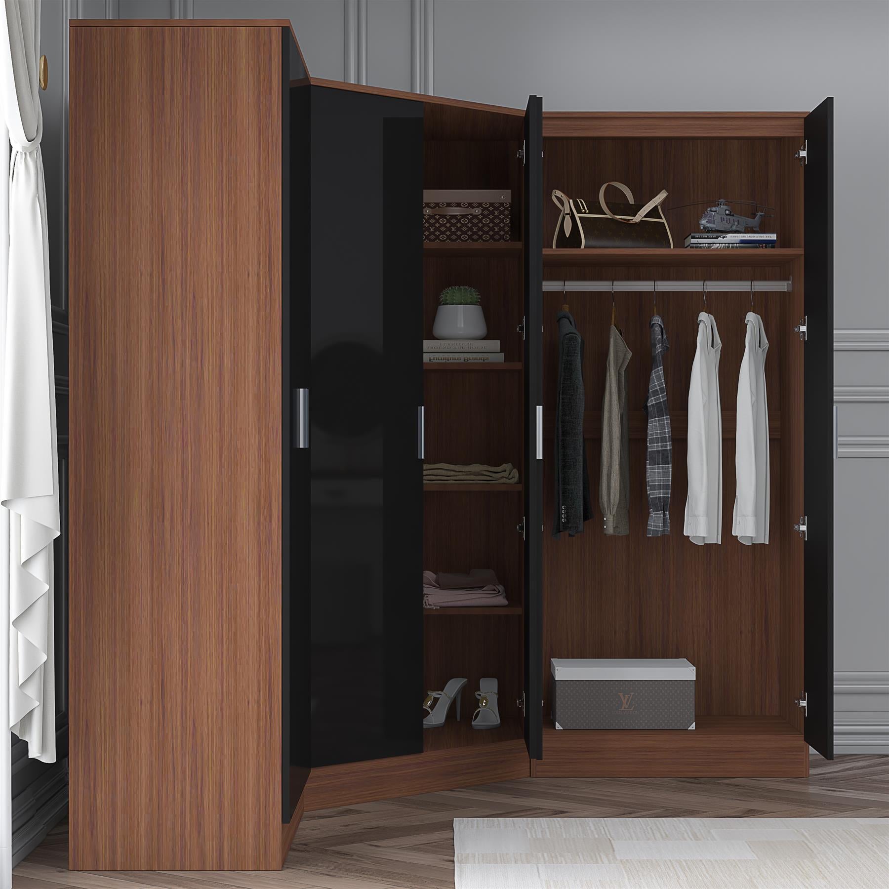 Reflect 3pc Wardrobe Bundle - 2 Door Corner + 2x 2 Door Plain - Black Gloss & Walnut